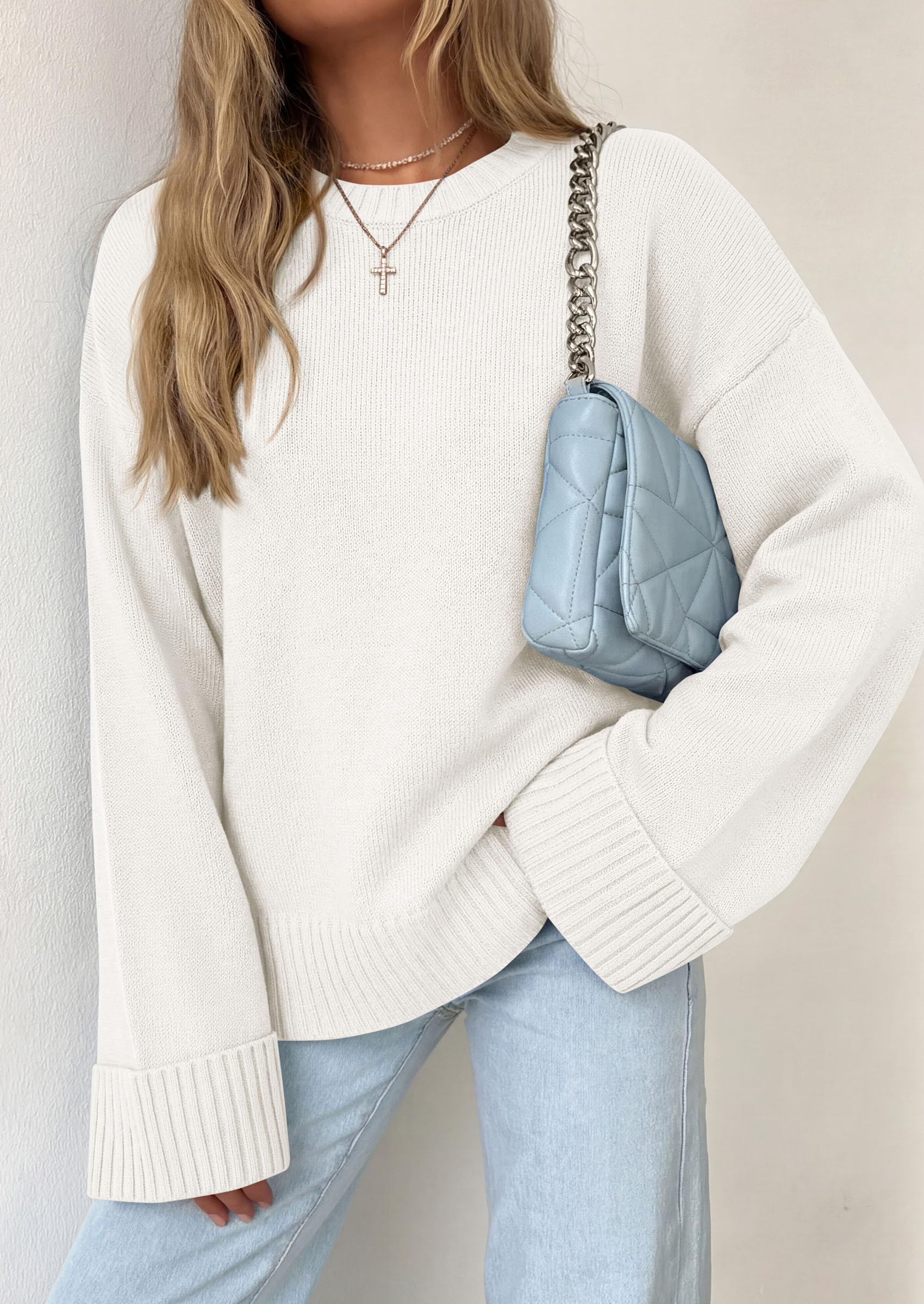 Oversized Sweater Women's Crewneck Long Sleeve Tops White