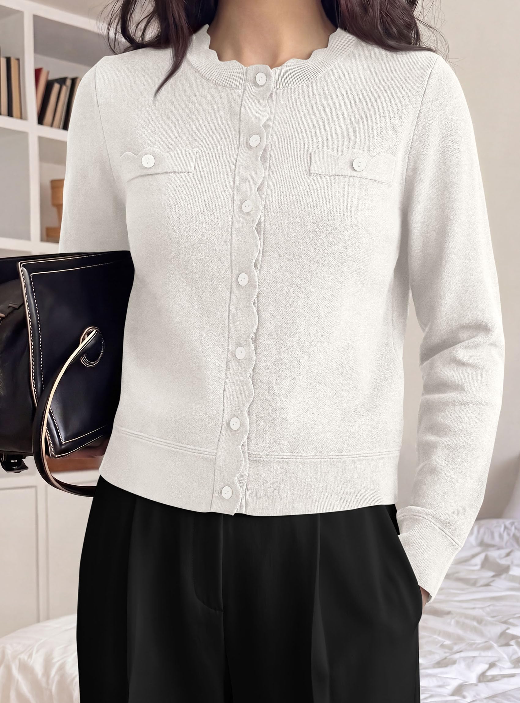 Womens Lightweight Cardigan Sweaters Scalloped Trim Fall Tops
