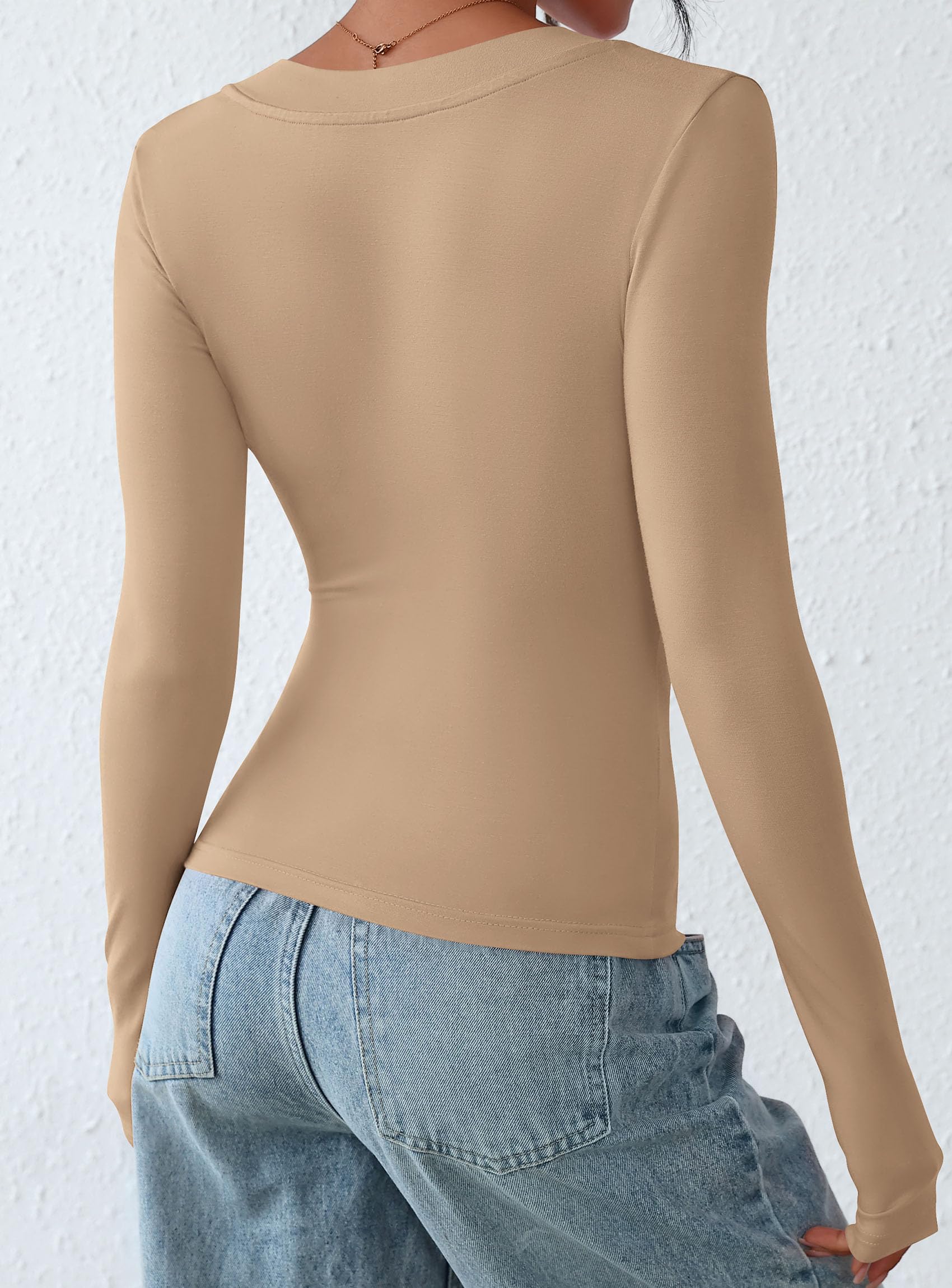 Women's V Neck Long Sleeve Shirts,Khaki,X-S