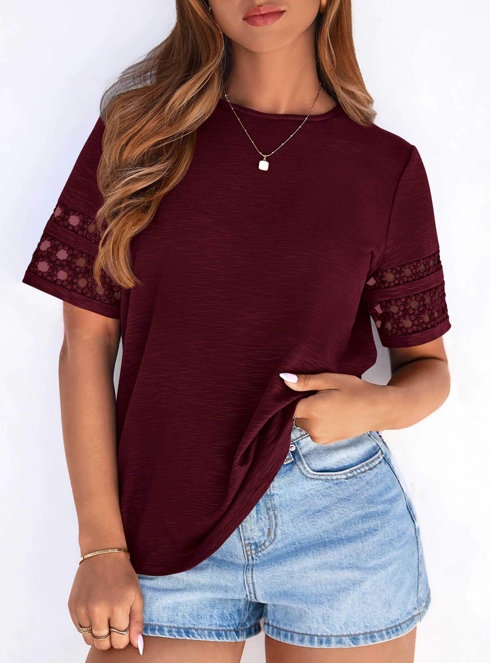 Women's Summer Short Sleeve Lace Trim T-Shirts,Burgundy,S