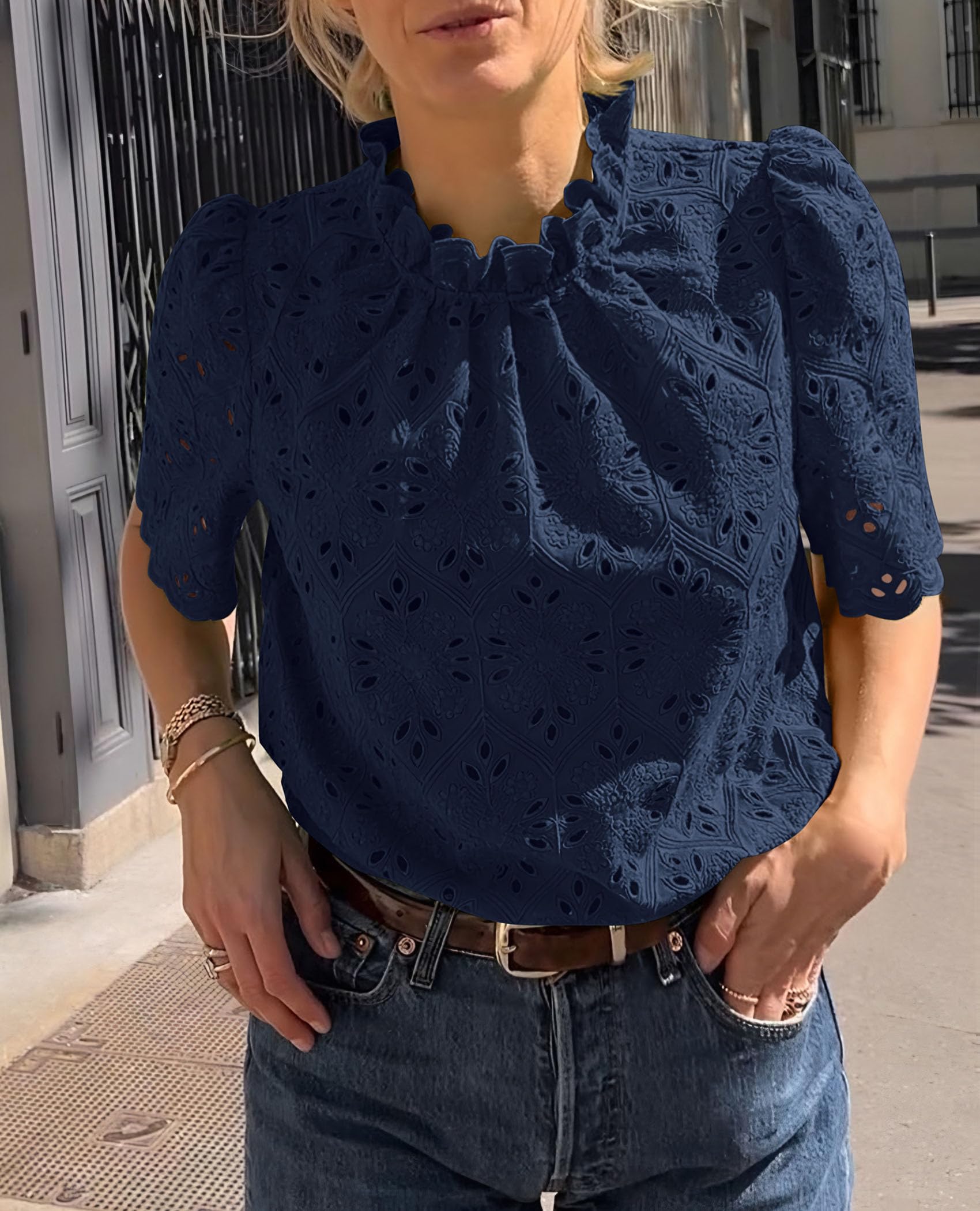 Women Summer Tops Eyelet Embroidered Shirts,Navy,XS