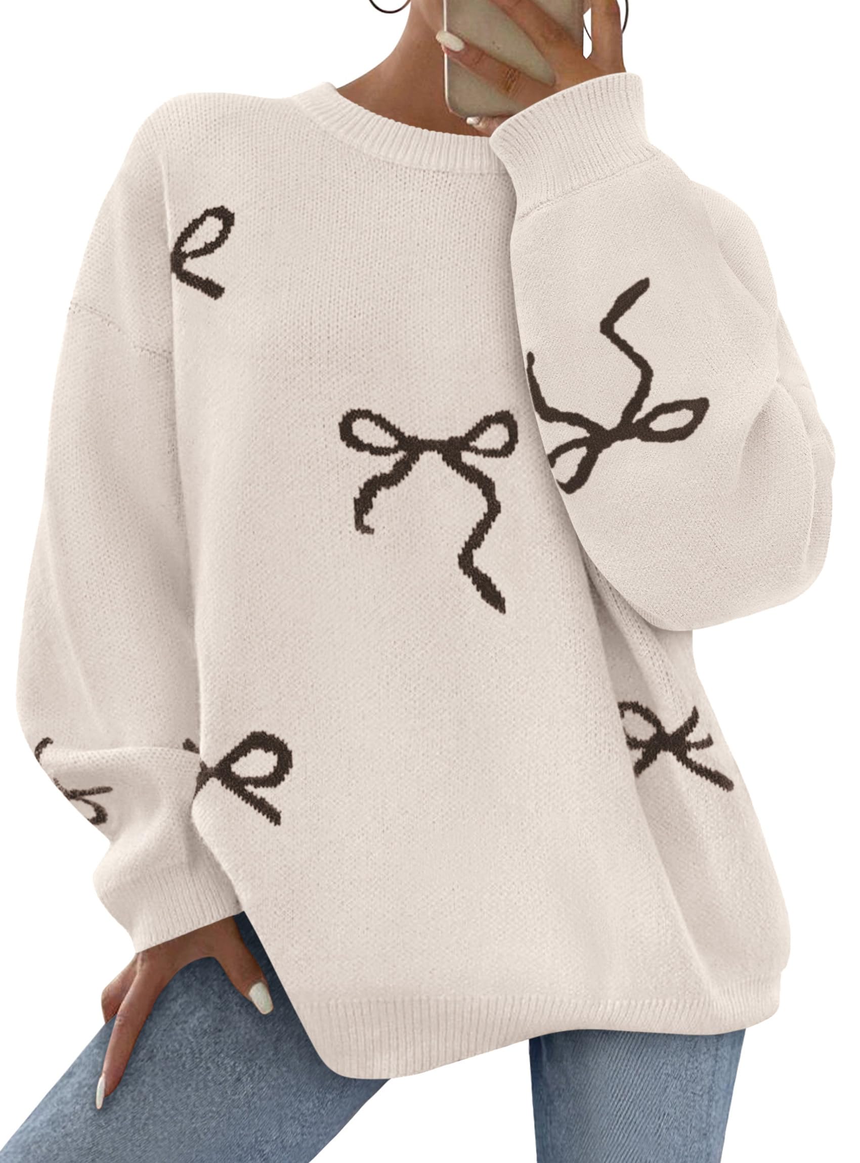 Women Long Sleeve Cute Bow Oversized Sweater,Beige,S