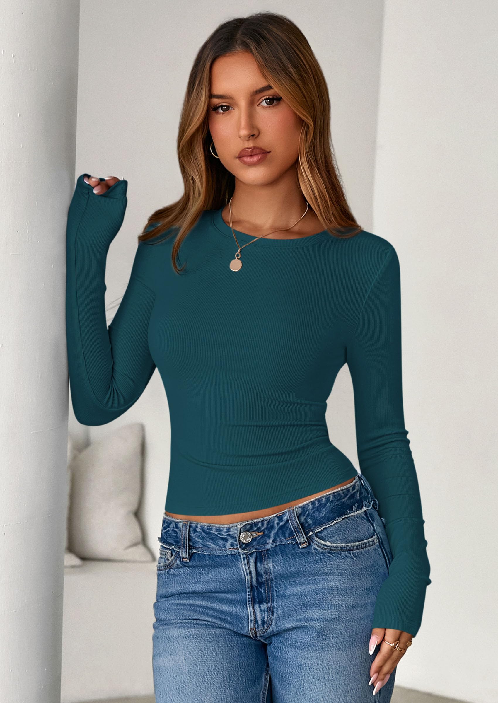 Women's Fall Long Sleeve Shirts Basic Tees (Peacock Blue,XS)