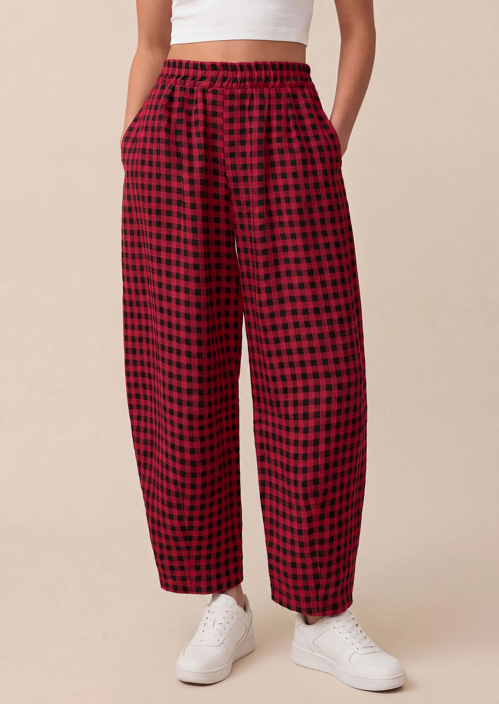 Plaid Barrel Pants Women Summer Bottoms, Black Red Plaid,S