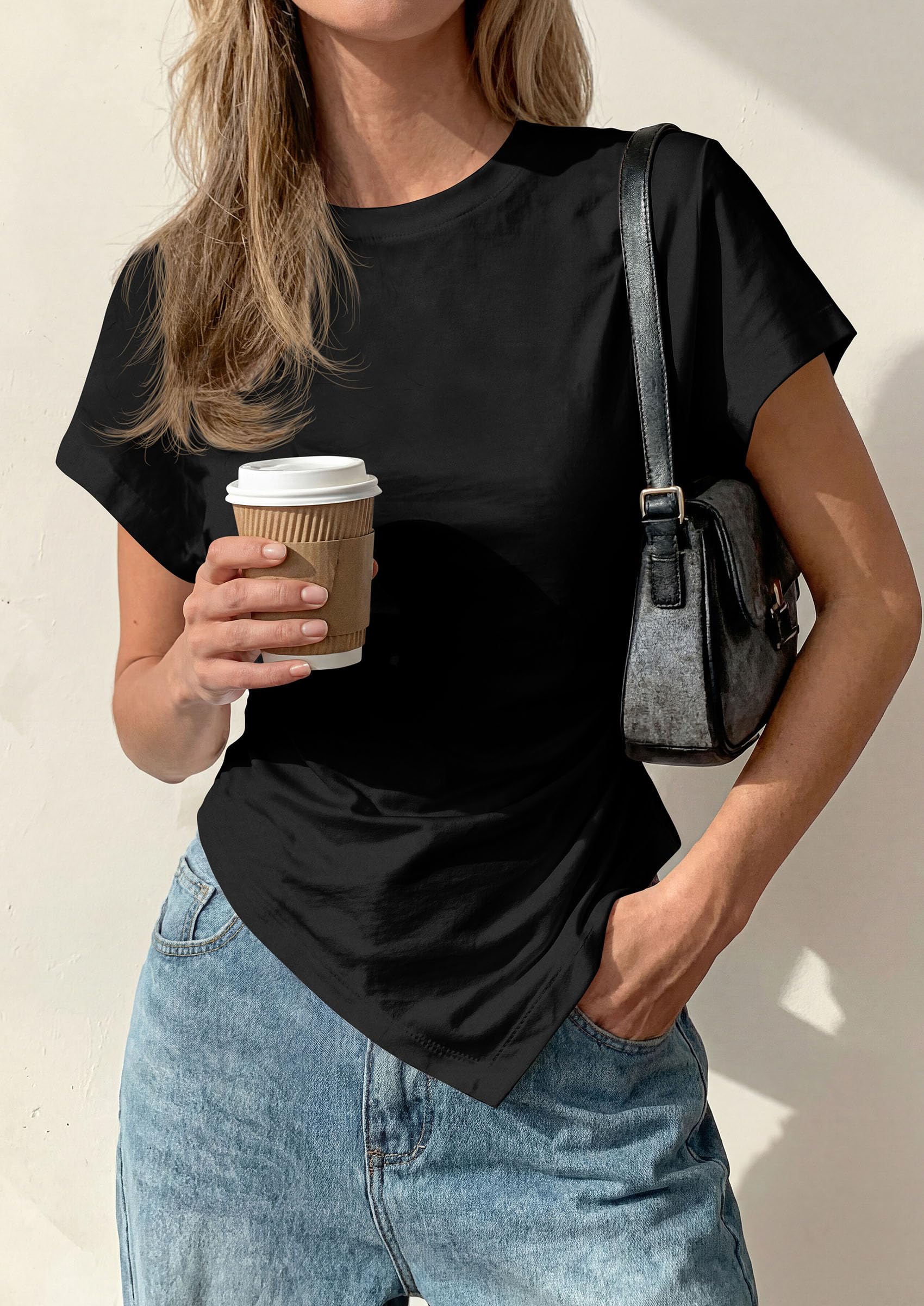 Womens Asymmetrical Summer Short Sleeve Tops,Black,XS