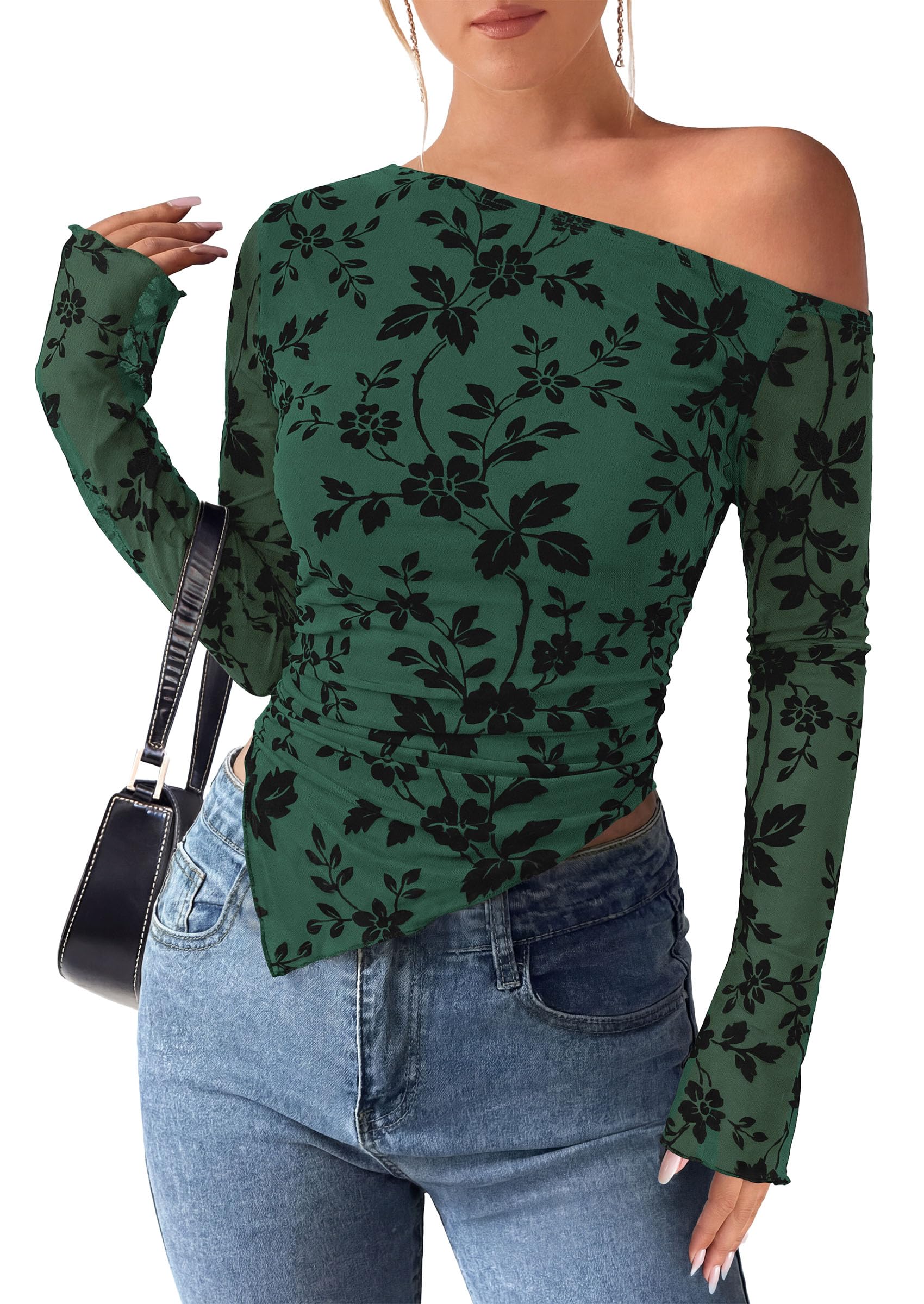 Womens Off Shoulder Mesh Y2k Tops,Dark Green,XS