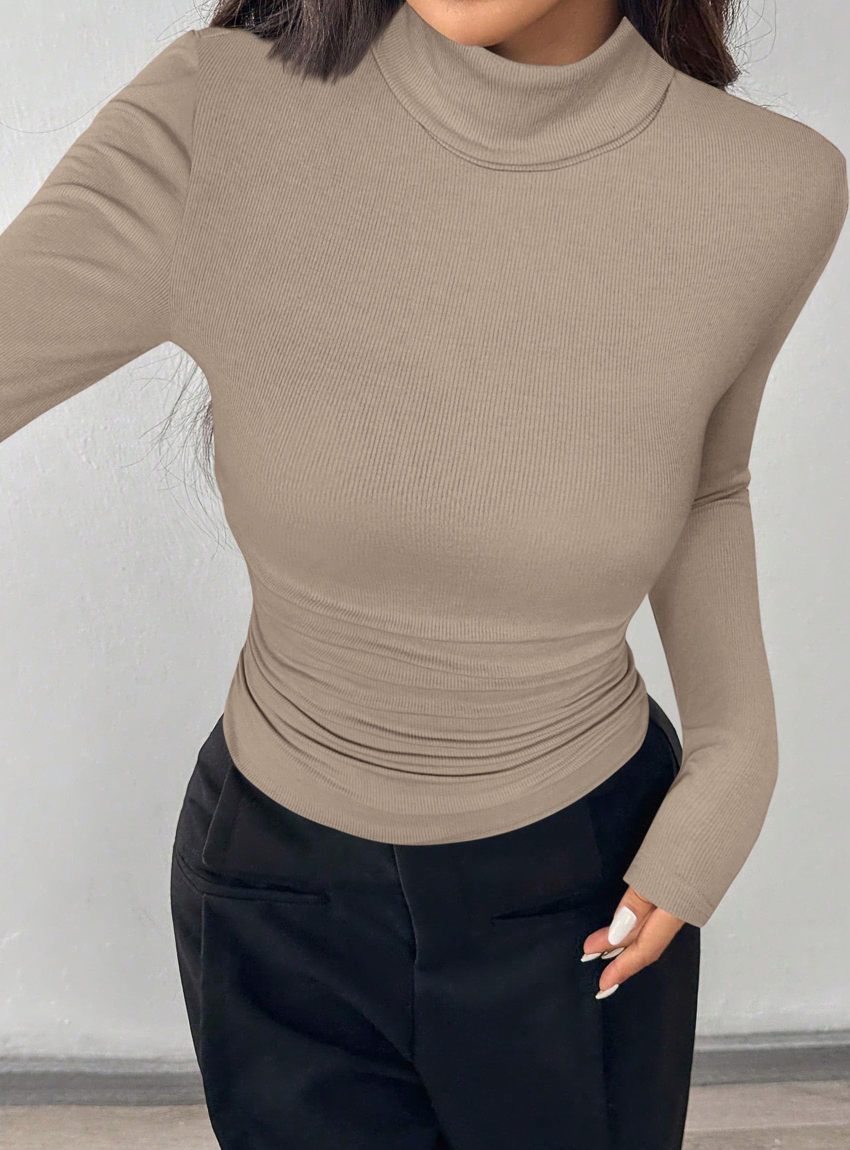 Turtleneck Tops for Women Long Sleeve Shirts, Khaki, XS