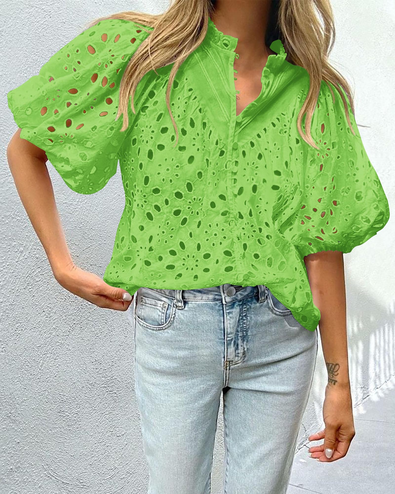 Womens Tops Boho Eyelet Puff Sleeve Blouse, Grass Green,S