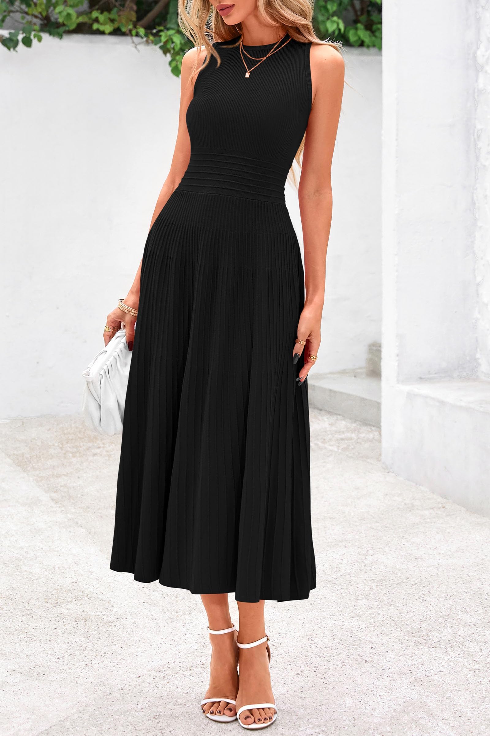 Women's Summer Pleated Midi Work Dress,Black,S