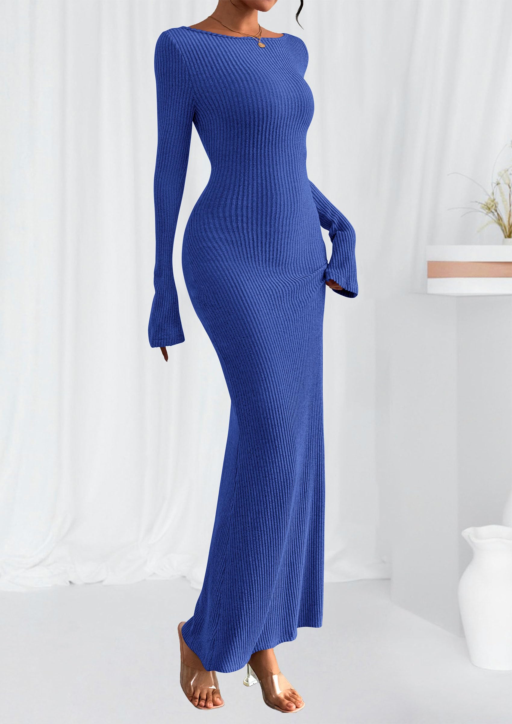 Women's Fall Long Sleeve Bodycon Maxi Dresses (Royal Blue,XS)