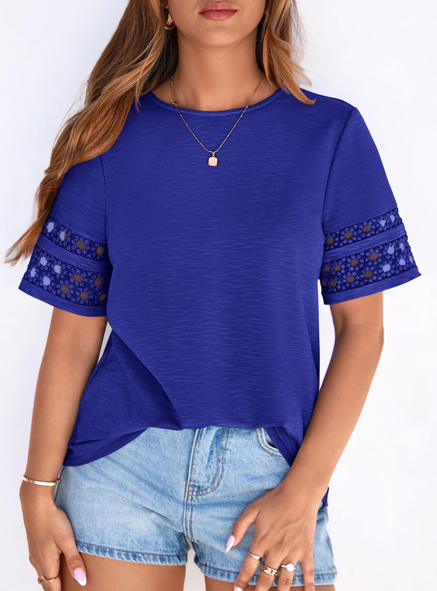 Women's Summer Short Sleeve Lace Trim T-Shirts,Royal Blue,S