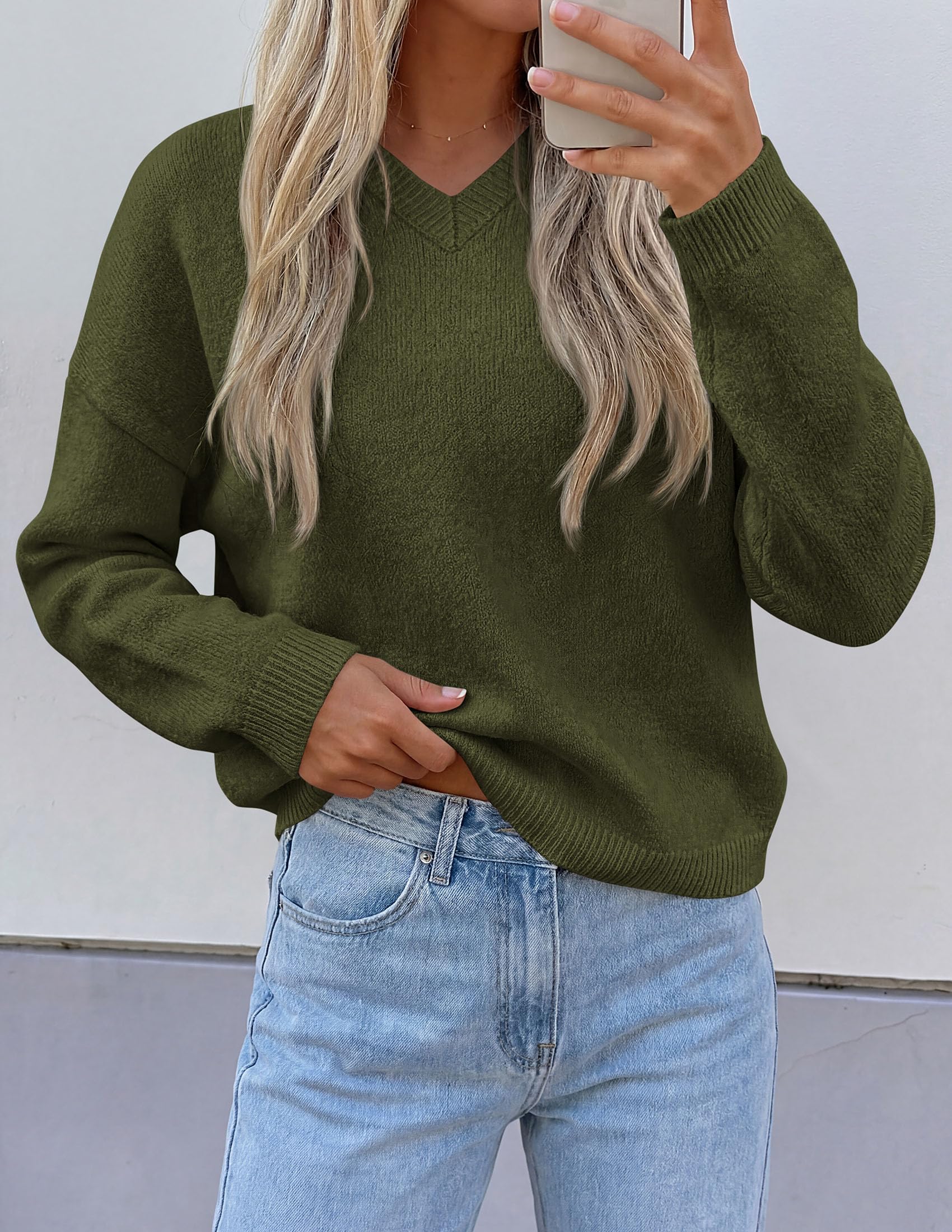 Women's Cozy Sweaters Fall Fashion V Neck Tops Army Green,S