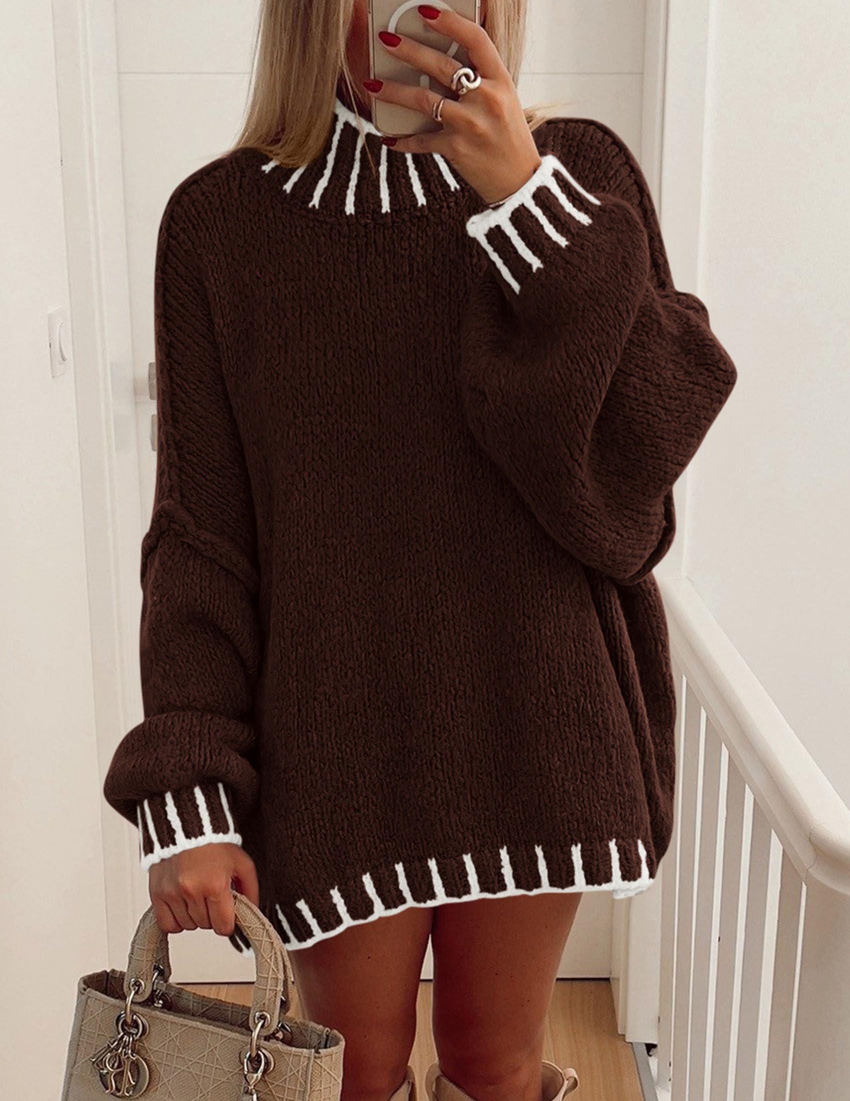 Women's Mock Neck Oversized Pullover Sweaters,Brown,XS