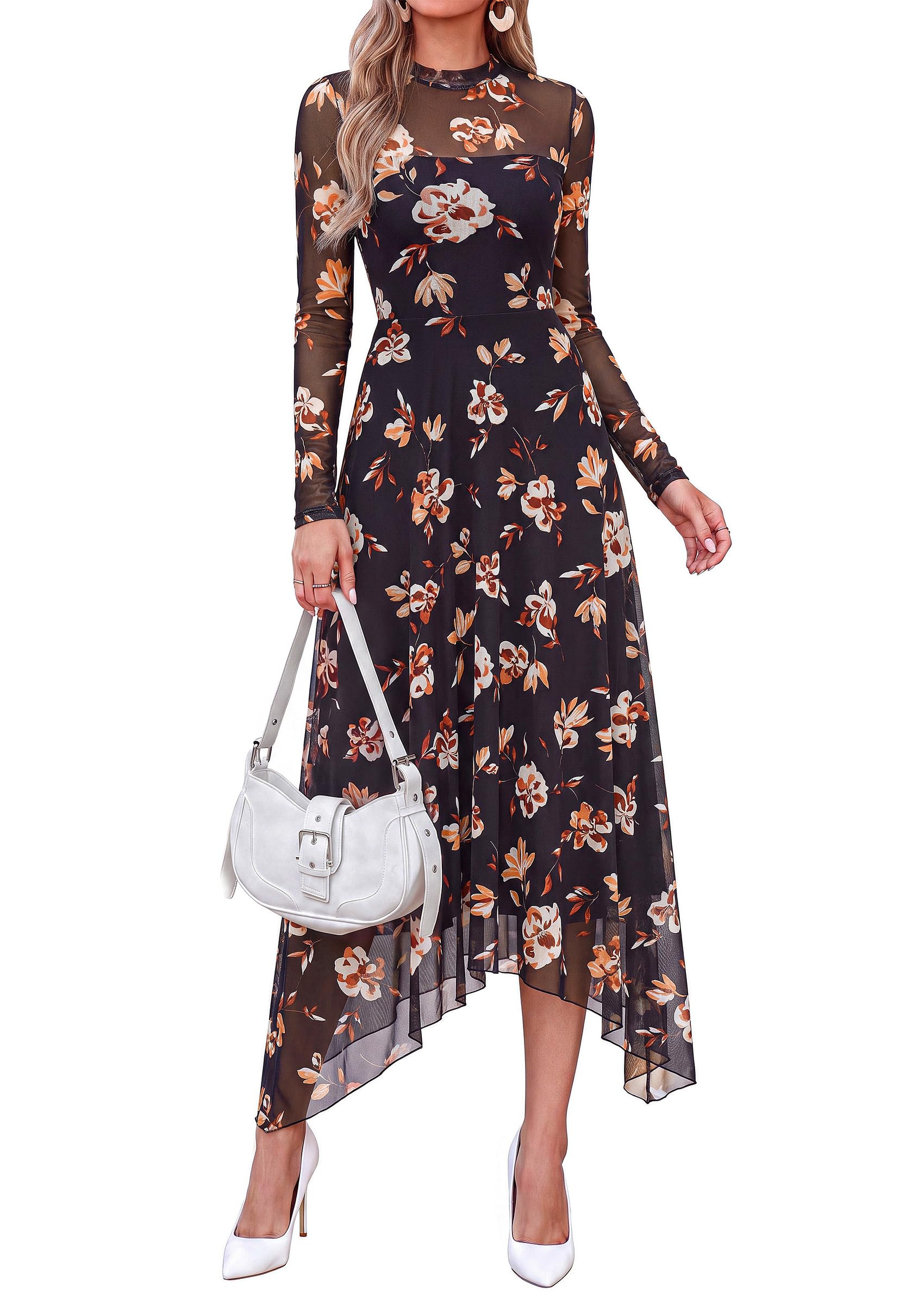 Women's Floral Mesh Midi Dress,Floral Black Yellow White,S