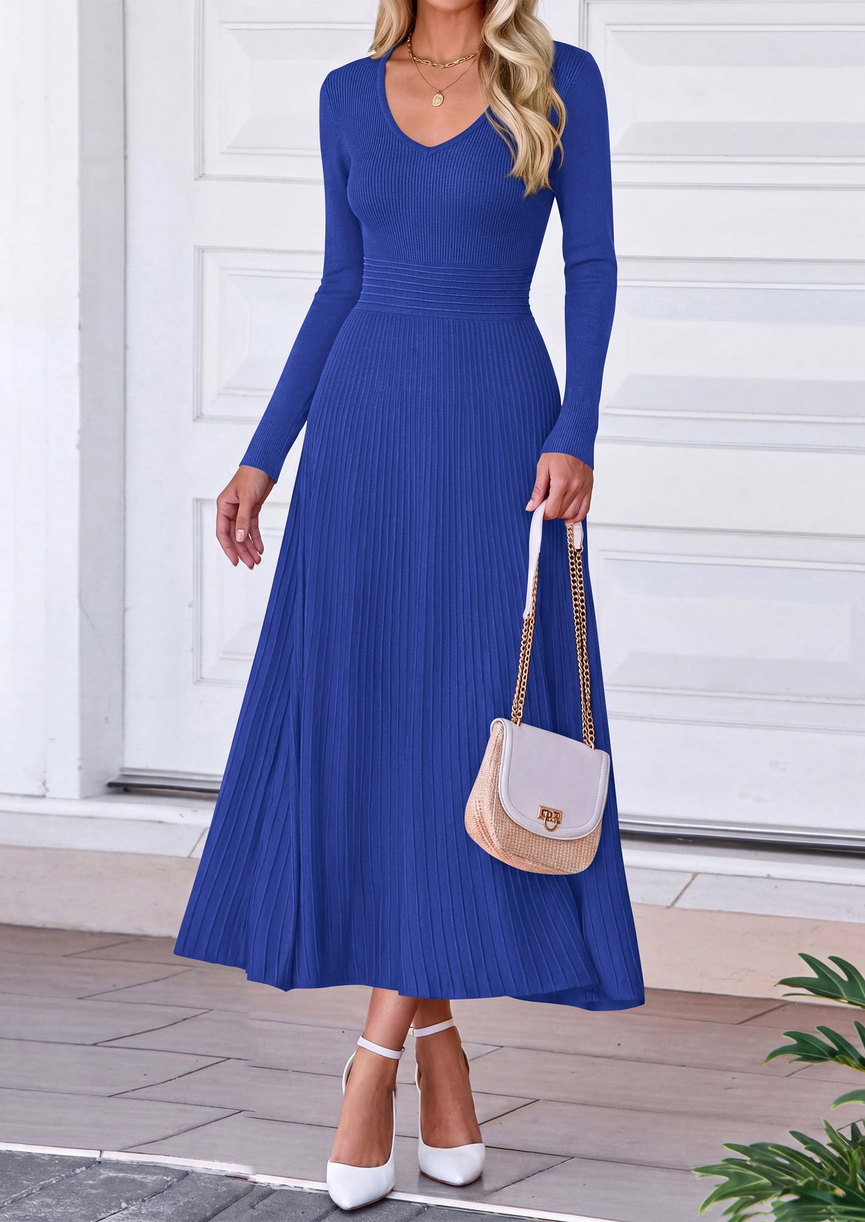 Women's Fall V Neck Pleated Midi Sweater Dress,Royal Blue,S