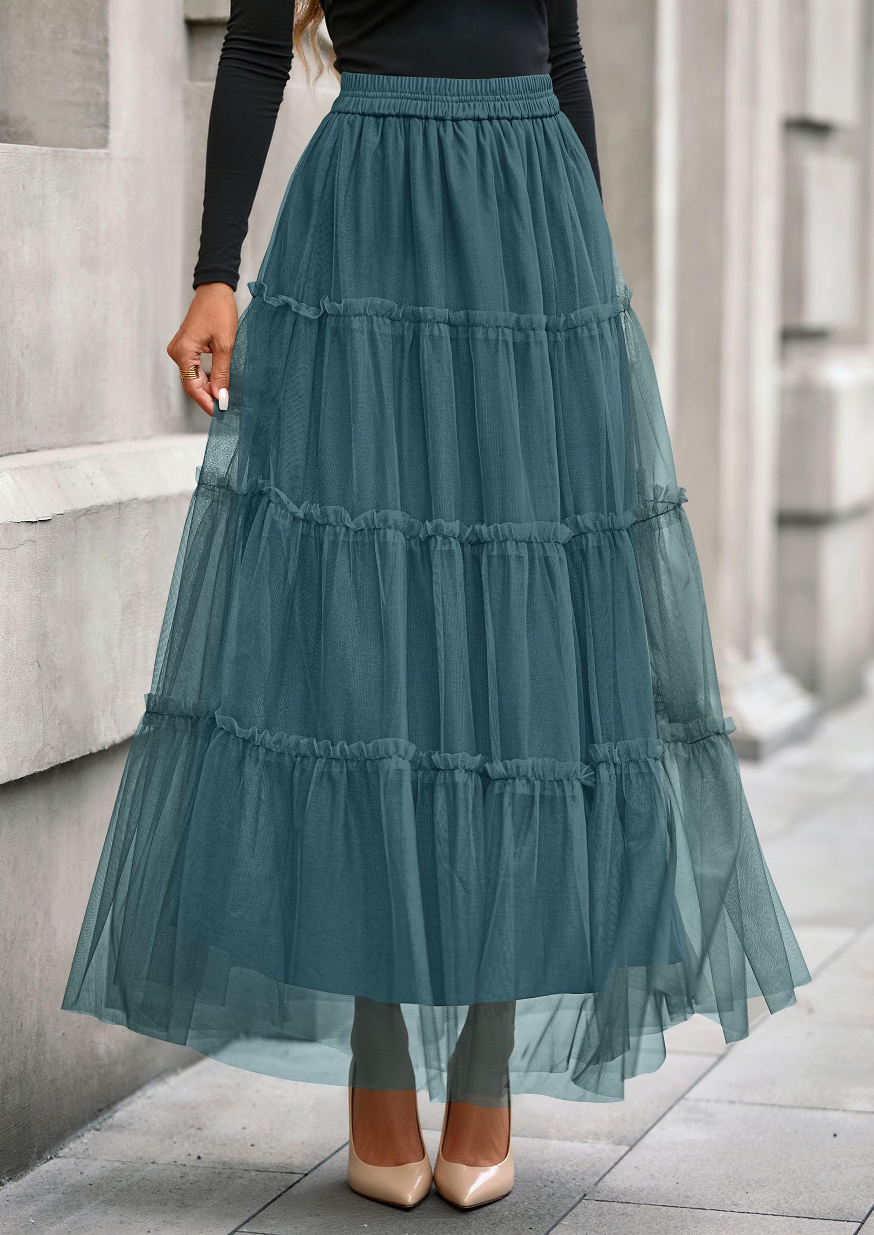 Women's Fall Soft Tulle Tiered Long Skirt,Sage Green,M