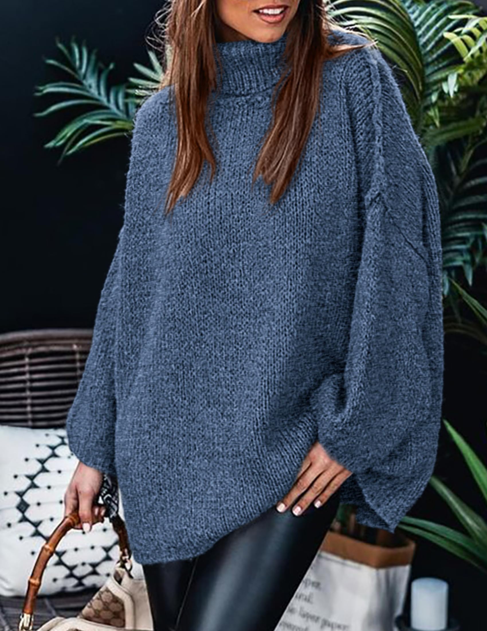 Womens Turtleneck Long Sleeve Oversized Sweaters,Blue,S