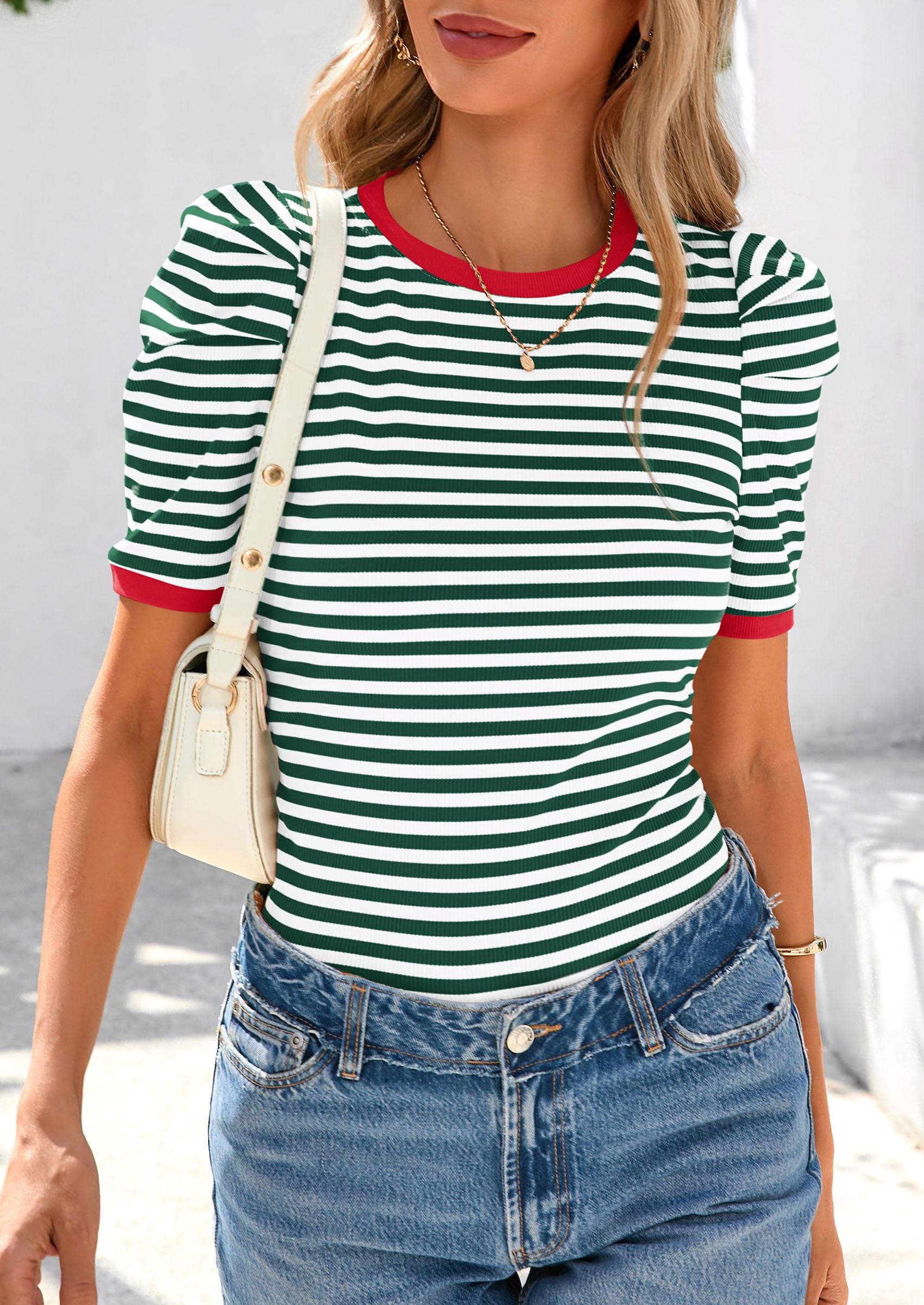 Ribbed Puff Short Sleeve Tops for Women Striped Shirt Green,S