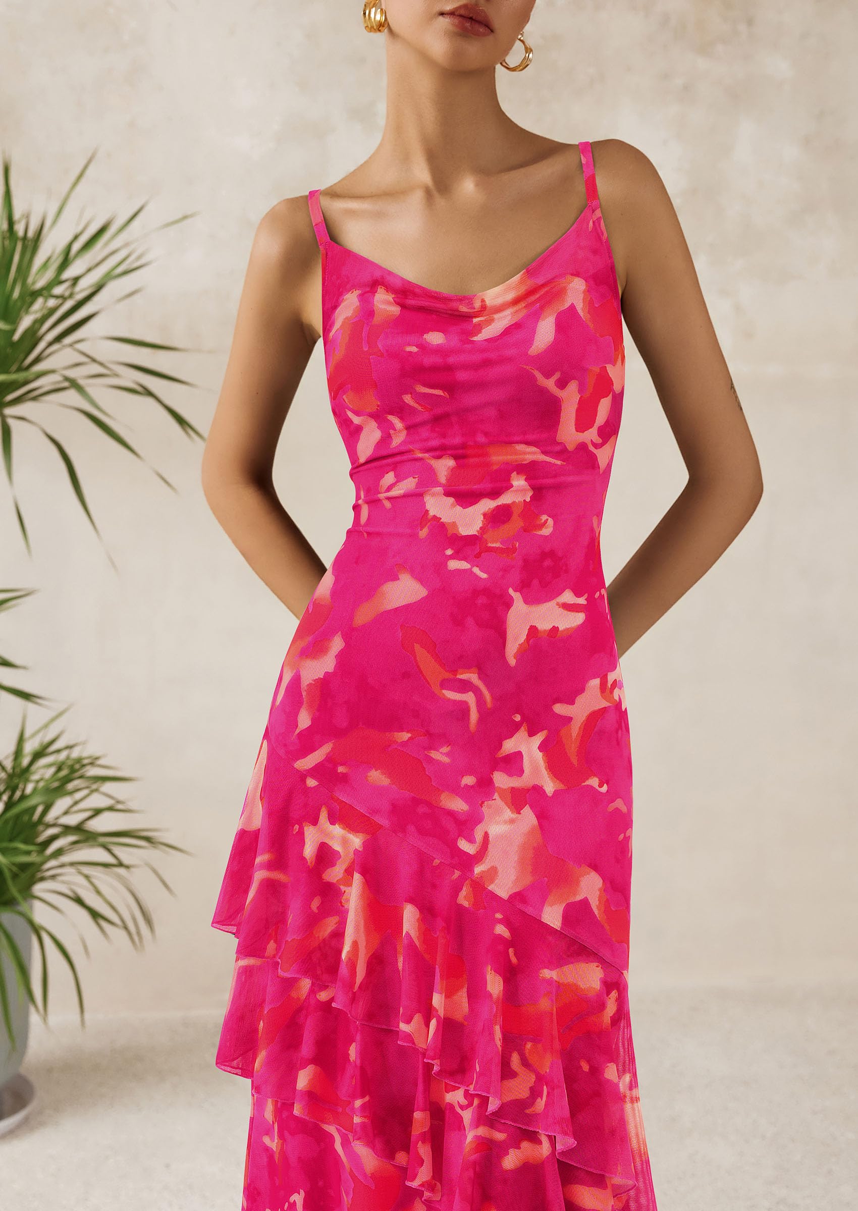 Women's Boho Floral Tiered Maxi Dress, Floral Rose Red,XS