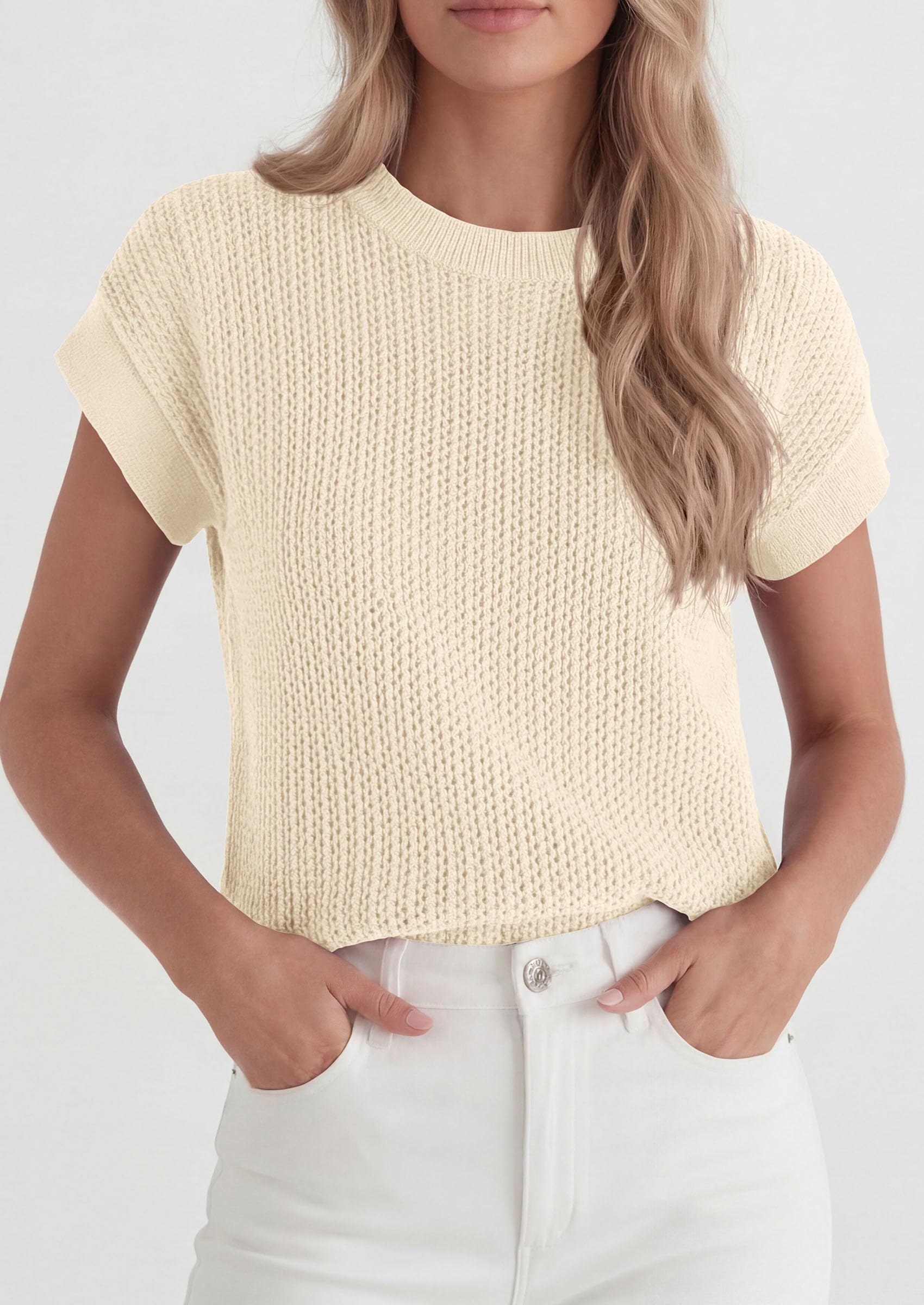 Women's Summer Sweater Vest Crochet Tops (Beige,S)