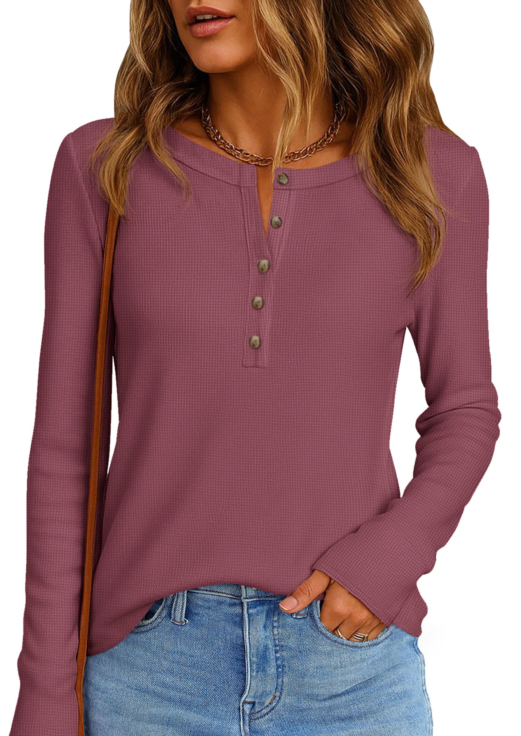 Women's Long Sleeve Waffle Knit Henley Shirts Loose Tunic Tops