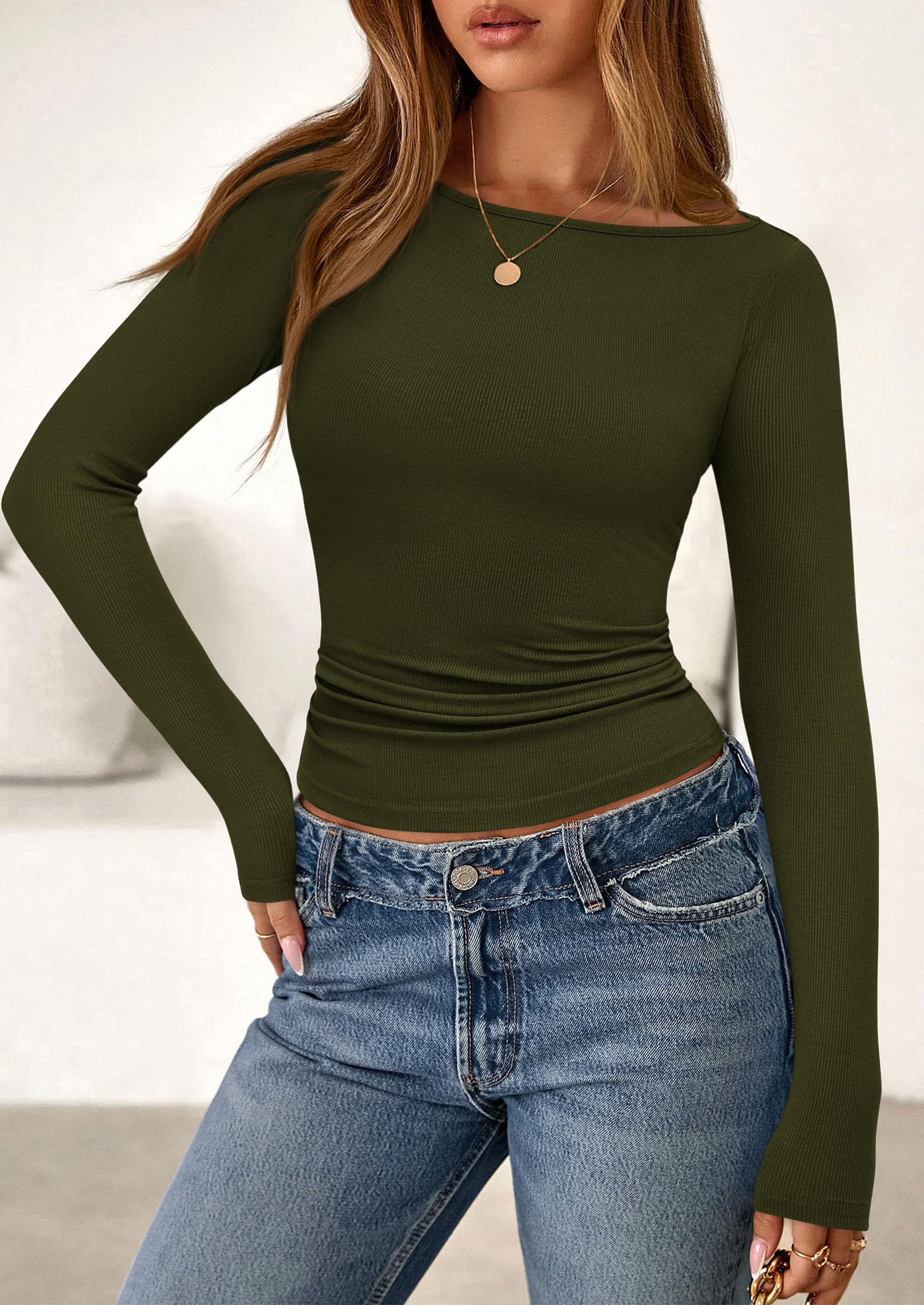 Long Sleeve T Shirts for Women Basic Ribbed Boat Neck Tops