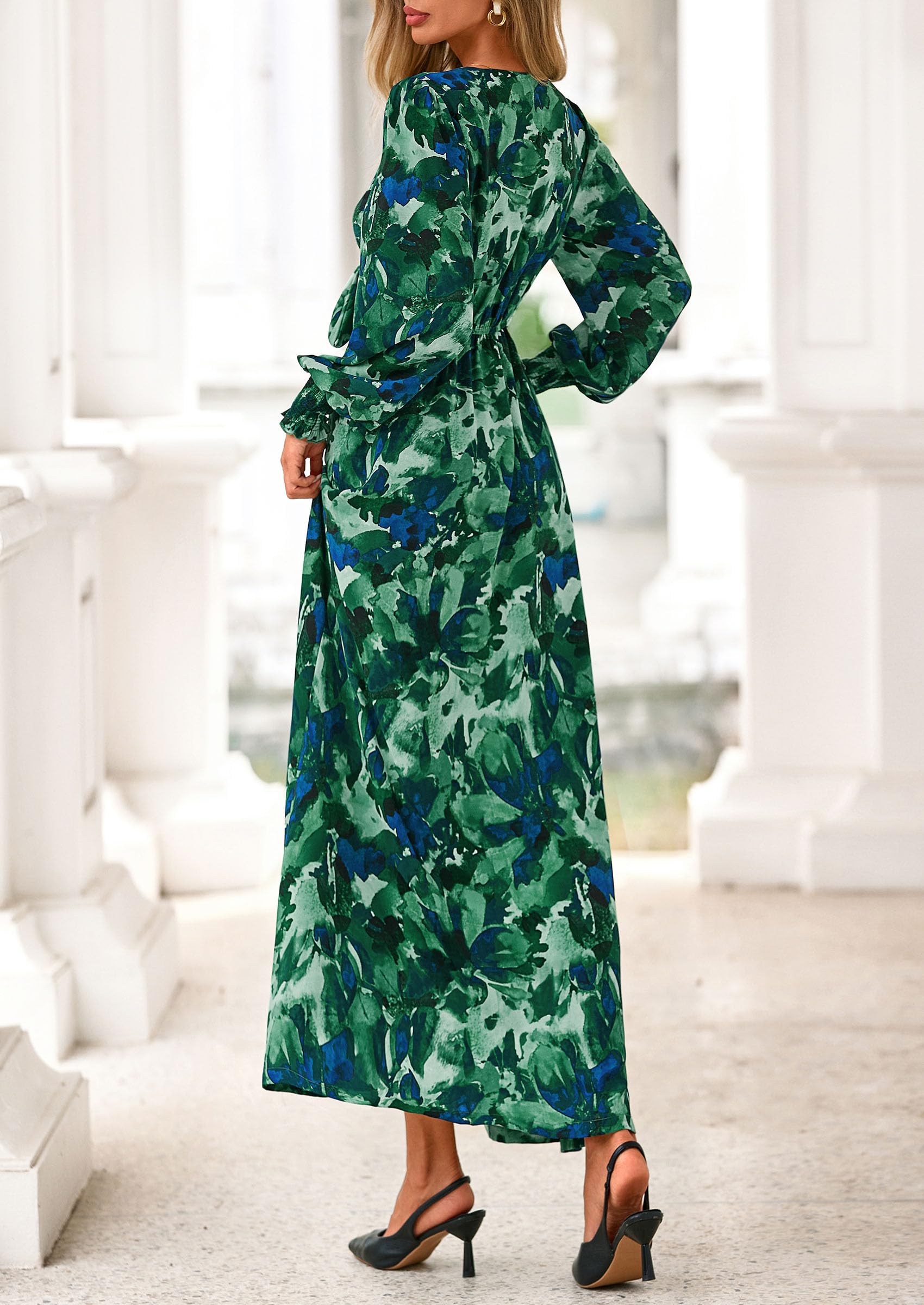 Women's Tie Waist Floral Maxi Dress,Floral Green,XL