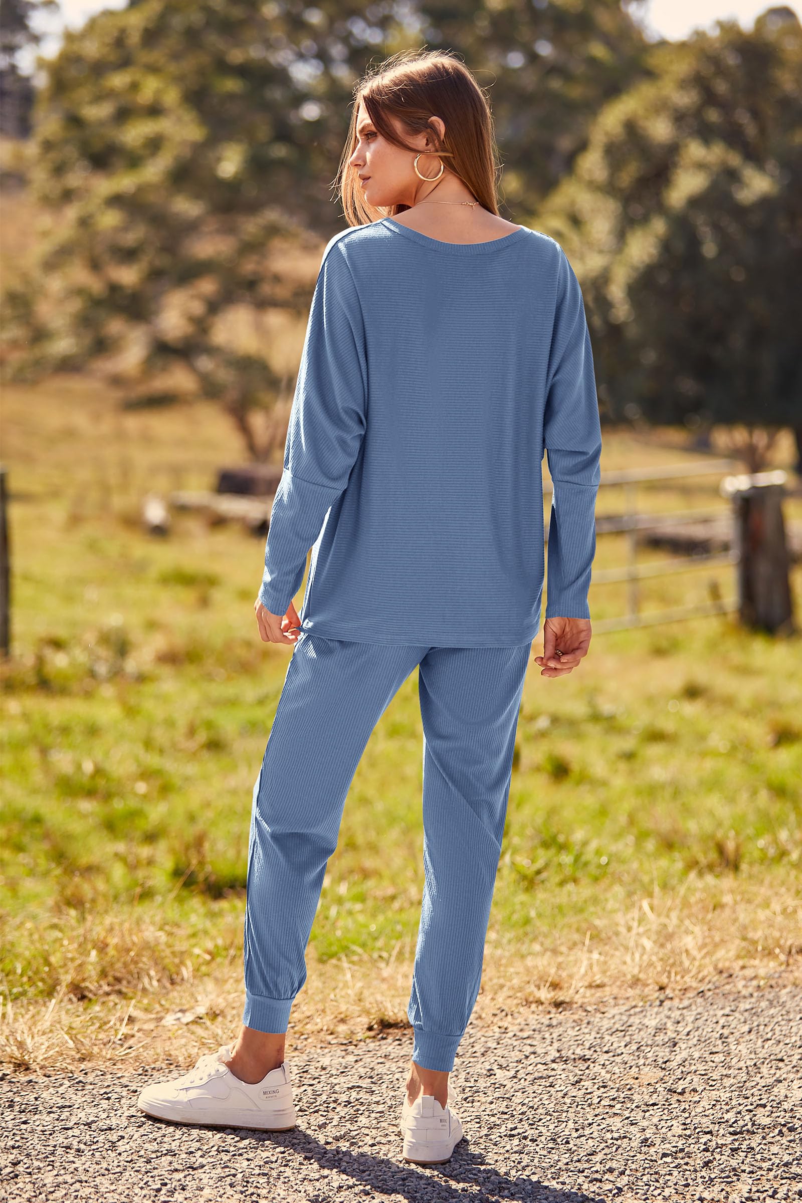 Women's 2 Piece Fall Outfits Matching Ribbed Knit Lounge Sets
