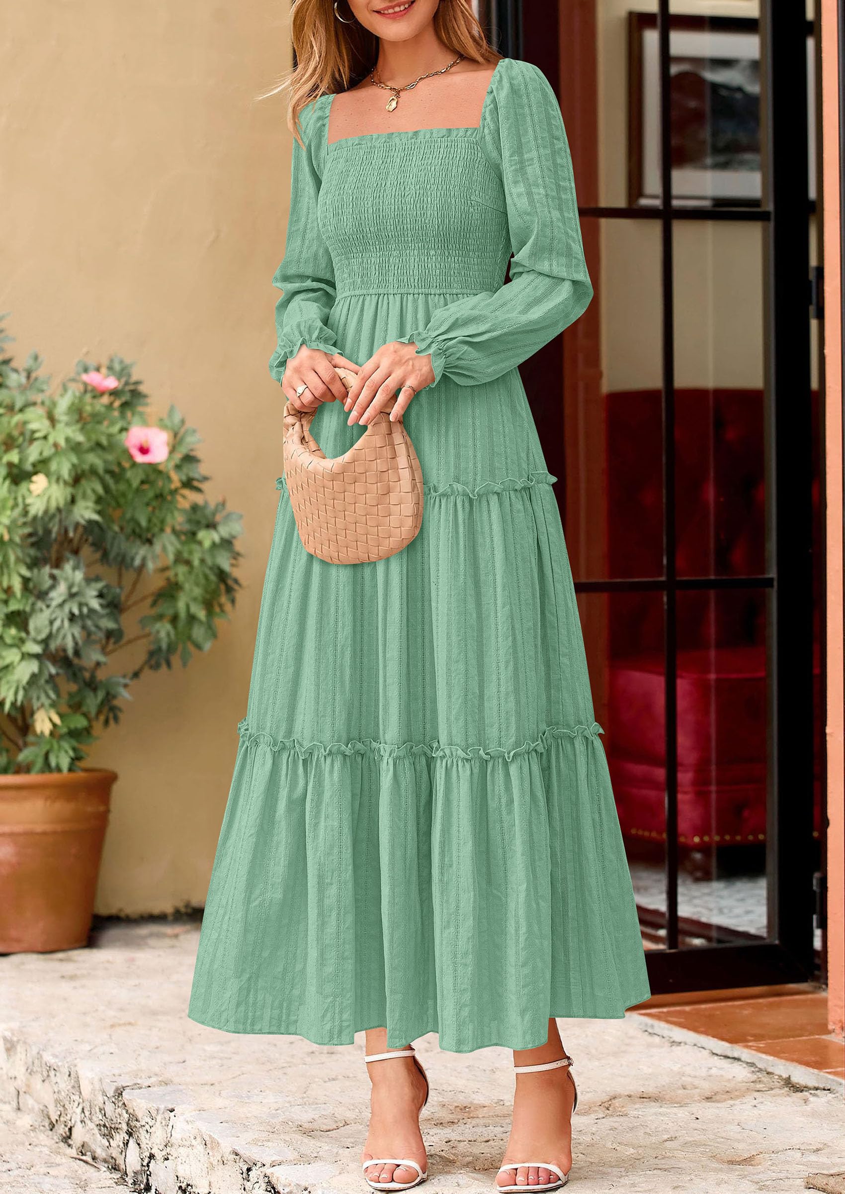 Women's Long Sleeve Ruffle Flowy Maxi Dress,Sage Green,S