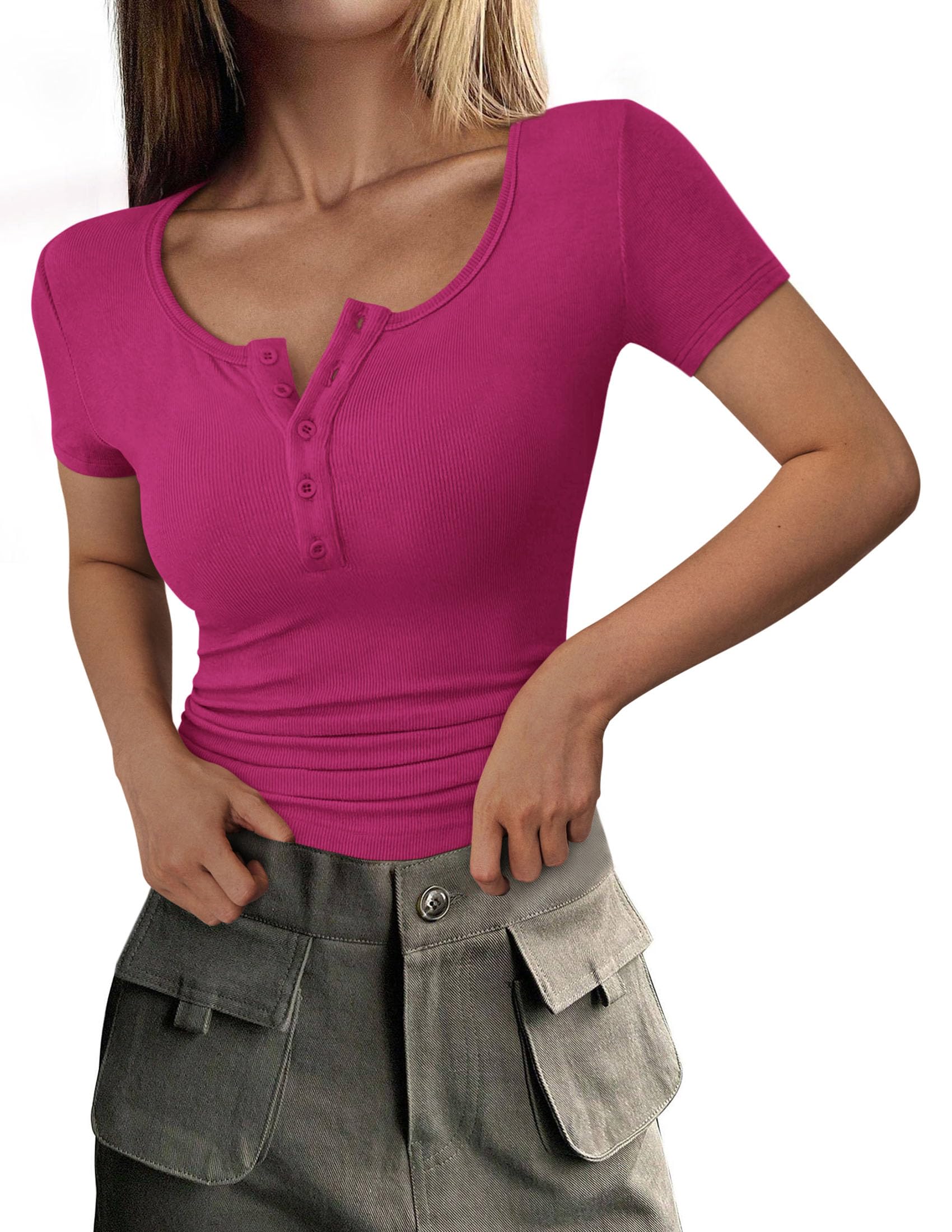 Women's Summer Tops Henley Tee Shirts (Rose Red,X-Small)