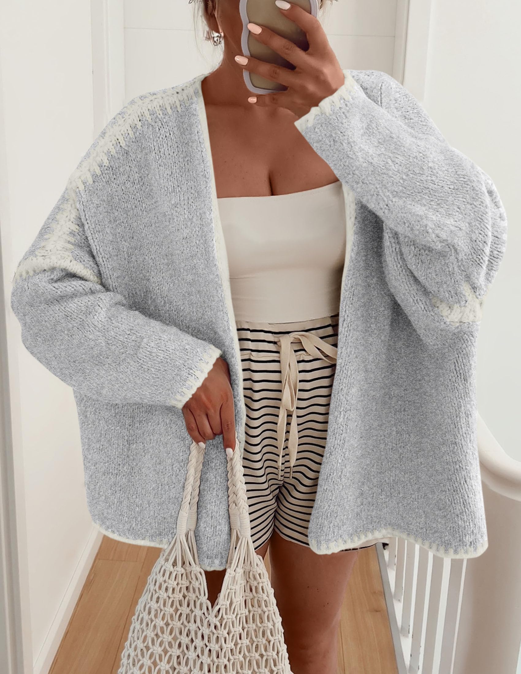 Womens Oversized Cardigan Sweaters 2026 Fall Long Lantern Sleeve Knit Open Front Lightweight Sweater (Style2-Grey,Small)