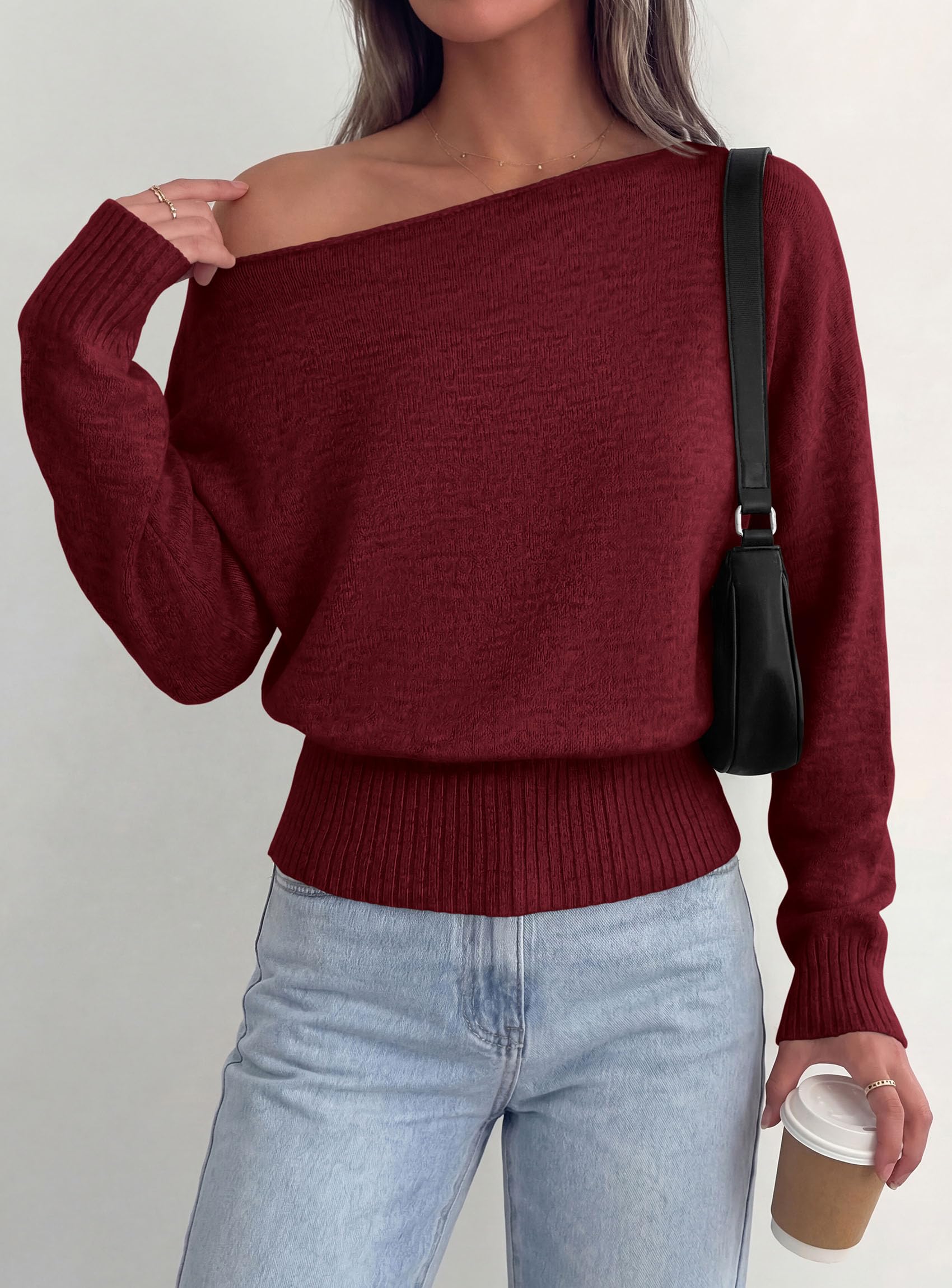 Womens Off The Shoulder Sweater Fall Fashion,Wine Red,S