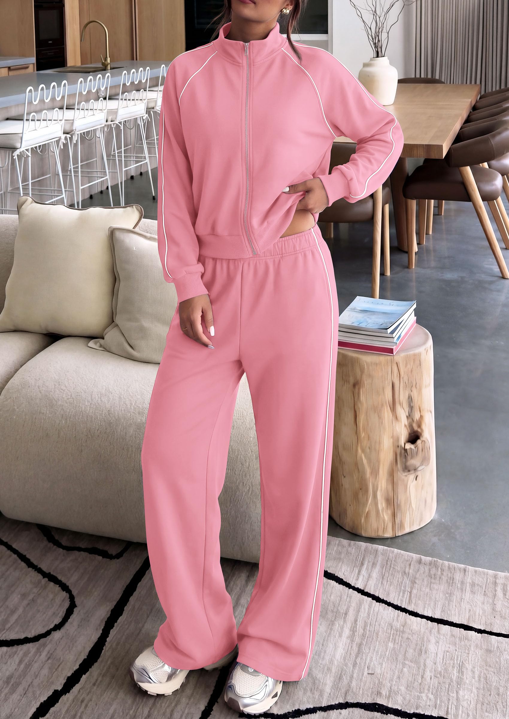 Women's 2 Piece Sweat Set Casual Fall Outfits,Pink,XXL