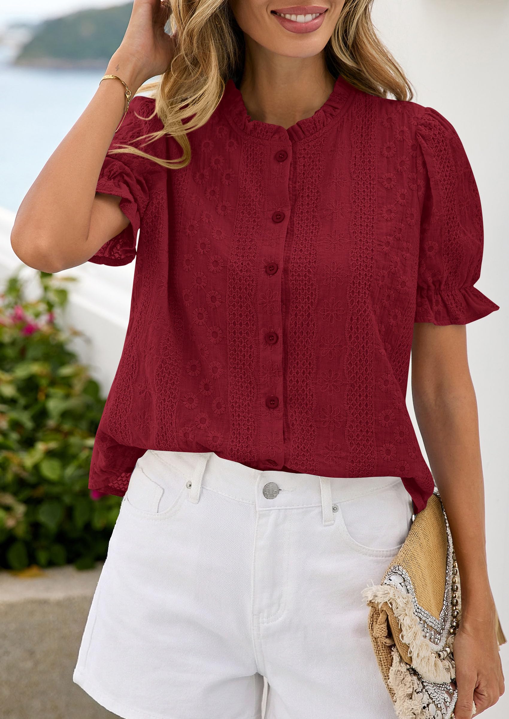Womens Embroidered Puff Short Sleeve Tops,Wine Red,S