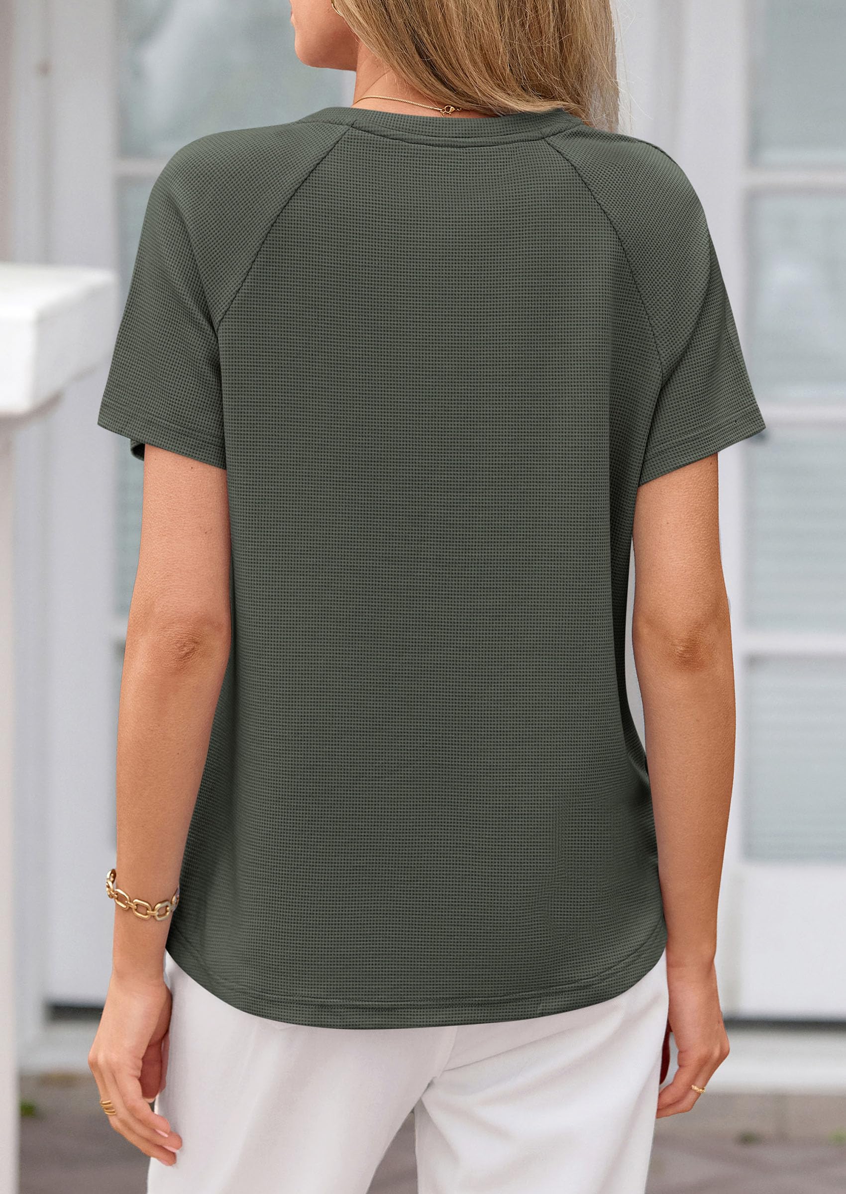 Women's Short Sleeve Waffle Knit Henley Shirts, Army Green,S
