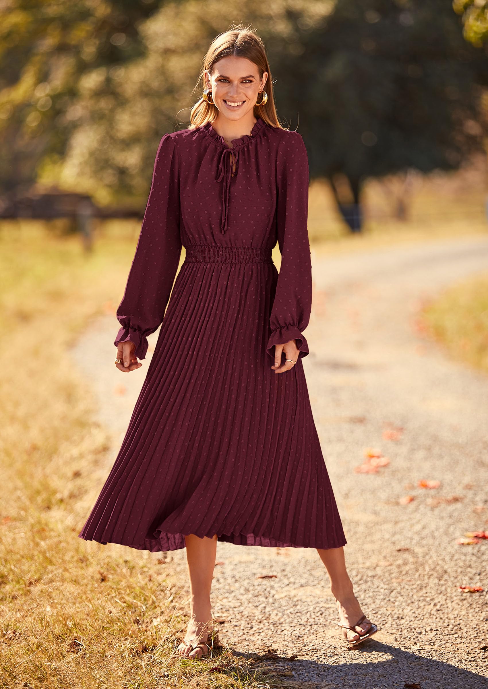 Women's Fall Midi Wedding Guest Dress(Dark Wine Red,Small)