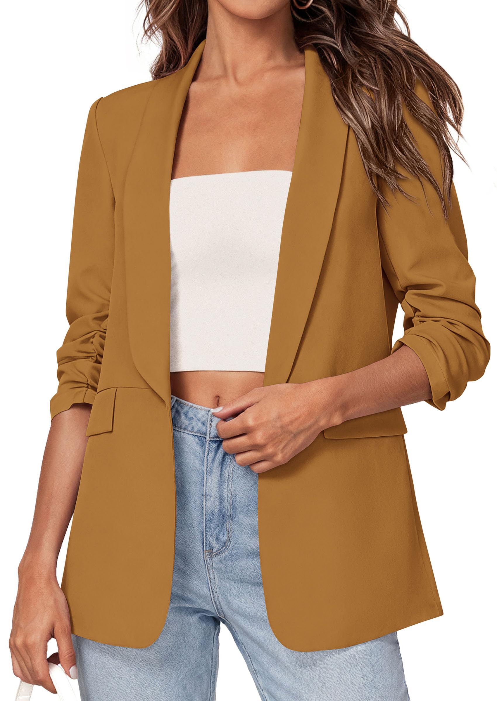 Women's Summer Blazers Business Casual Outfits Brown Yellow,XS