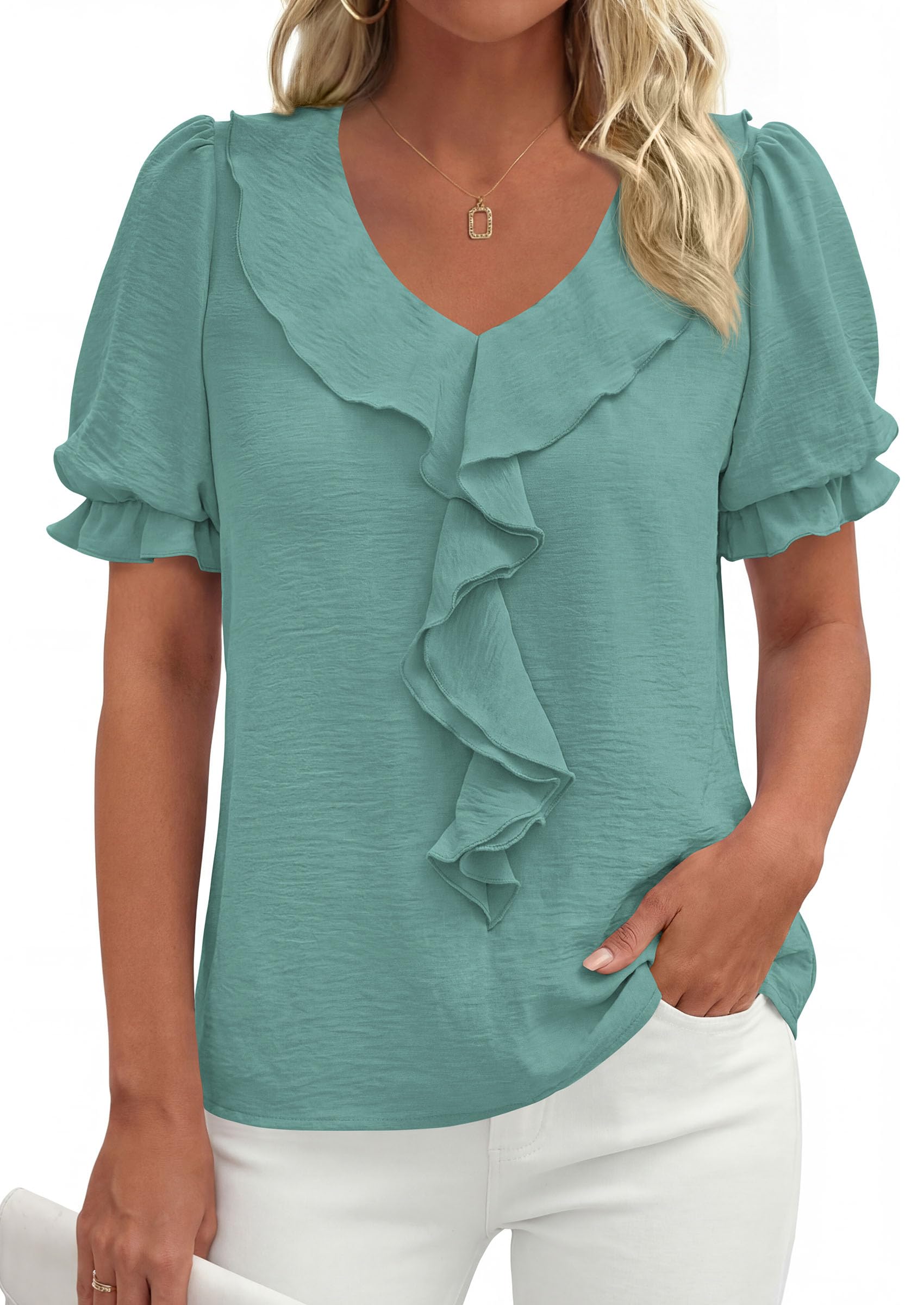 Women's Summer Ruffle Dressy Casual Blouses (Blue Green,S)