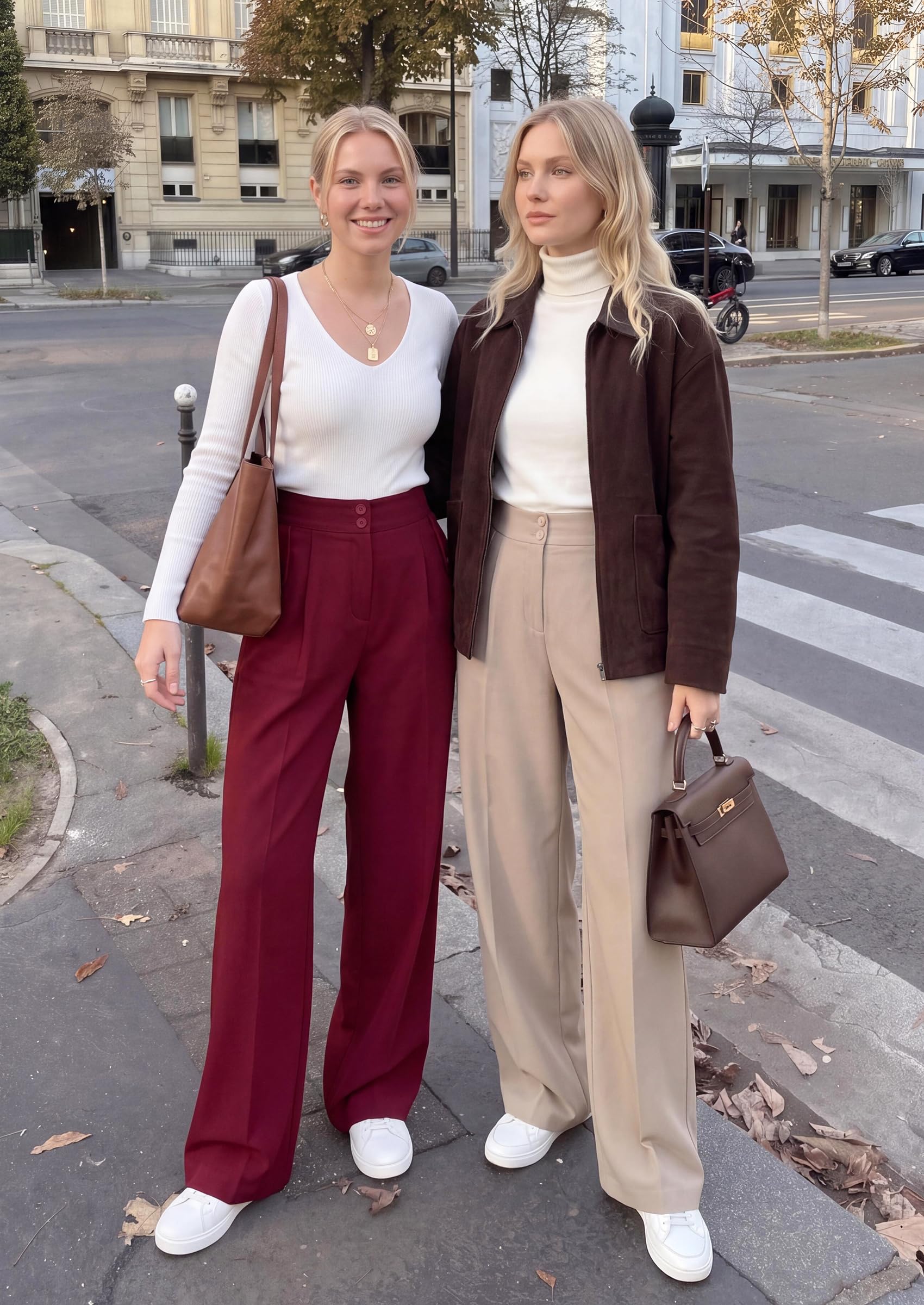Women's Wide Leg Work Dress Pants Trousers (Burgundy,S)