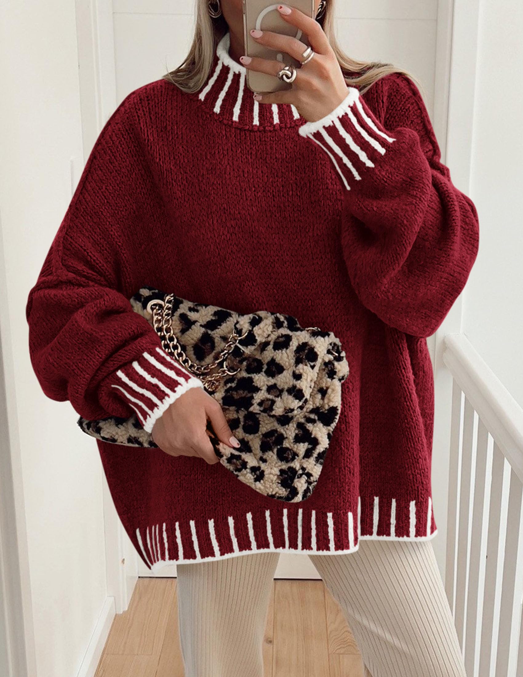 Women's Mock Neck Oversized Pullover Sweaters,Wine Red,XS