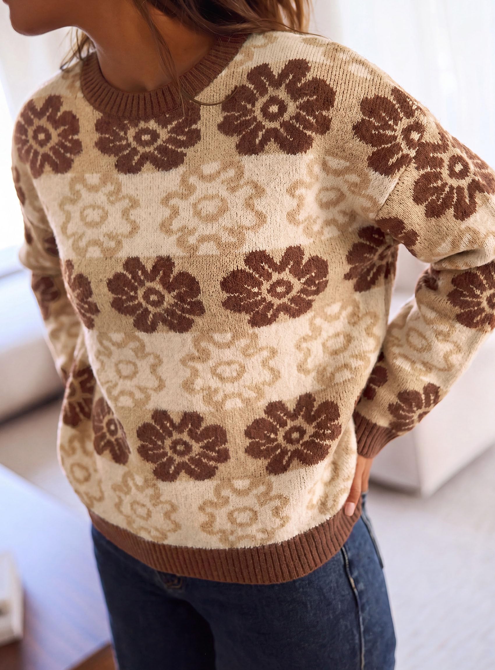 Women's Floral Crewneck Sweater Knit Pullover,Khaki,S