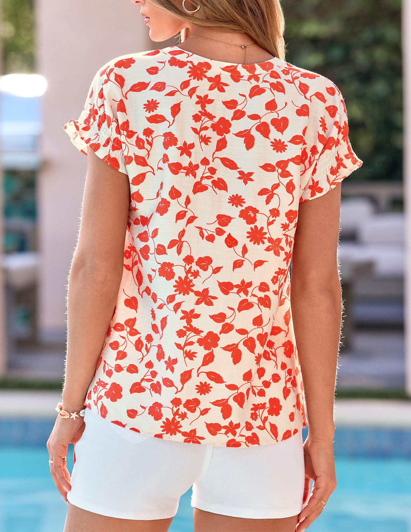 Womens Floral Short Sleeve Blouses,Light Apricot Orange,L