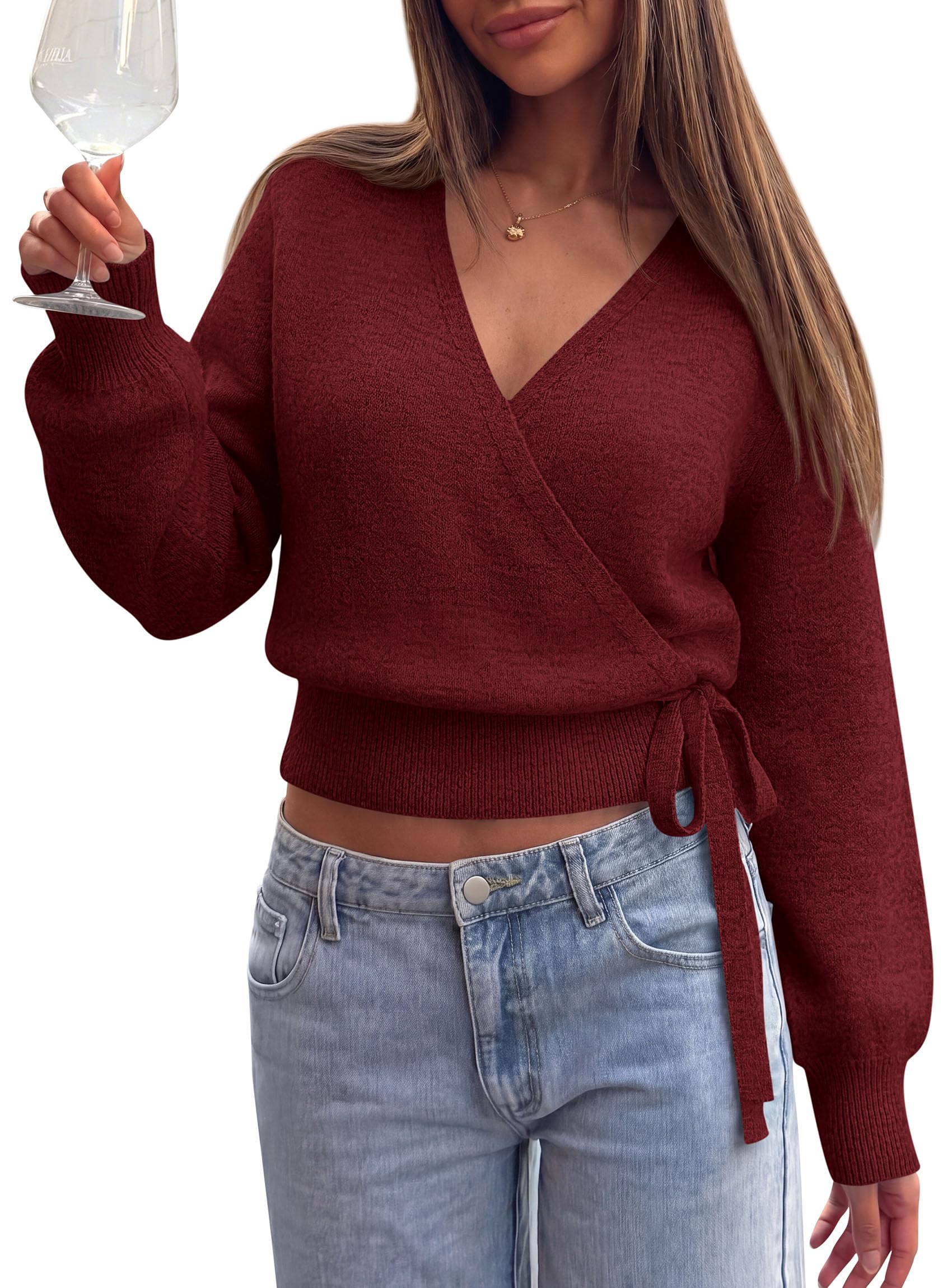V Neck Wrap Sweaters for Women Fall Outifts Pullover Wine Red