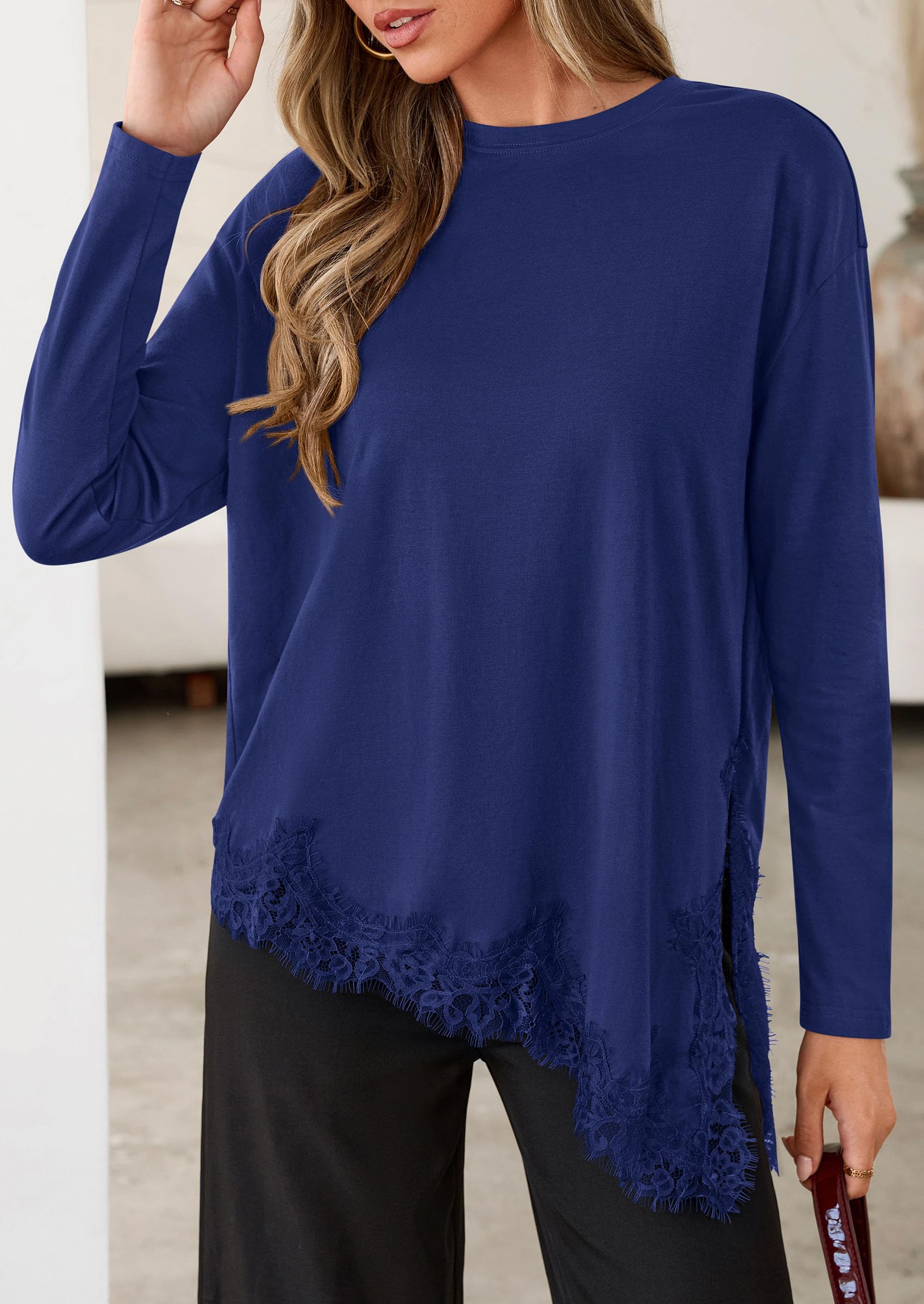 Women's Long Sleeve Asymmetrical Lace Tops Oversized Tshirts