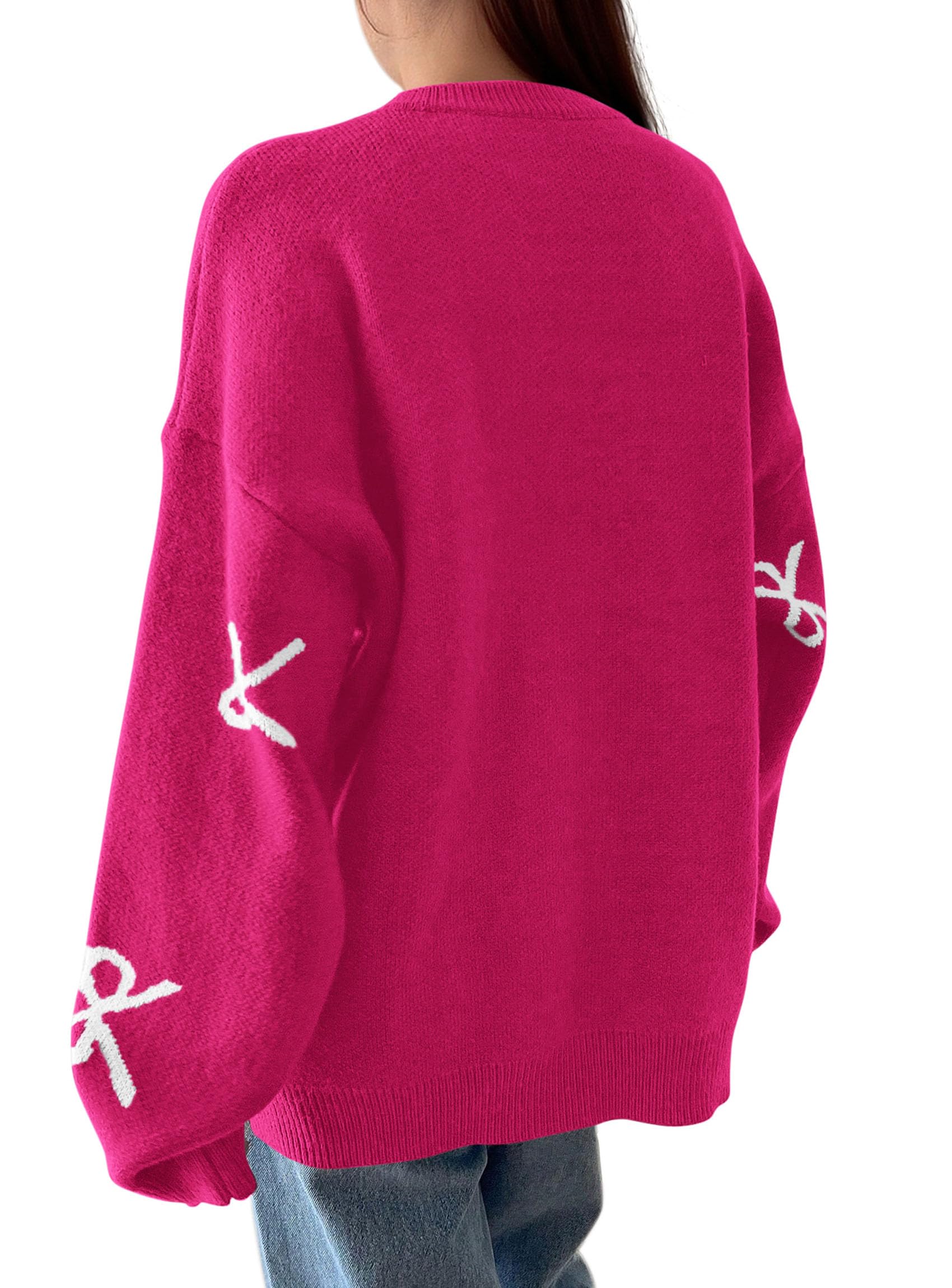 Fall Long Sleeve Pullover Sweaters for Women 2026 Trendy Crewneck Casual Cute Bow Chunky Knit Oversized Sweater (Rose Red,Small)