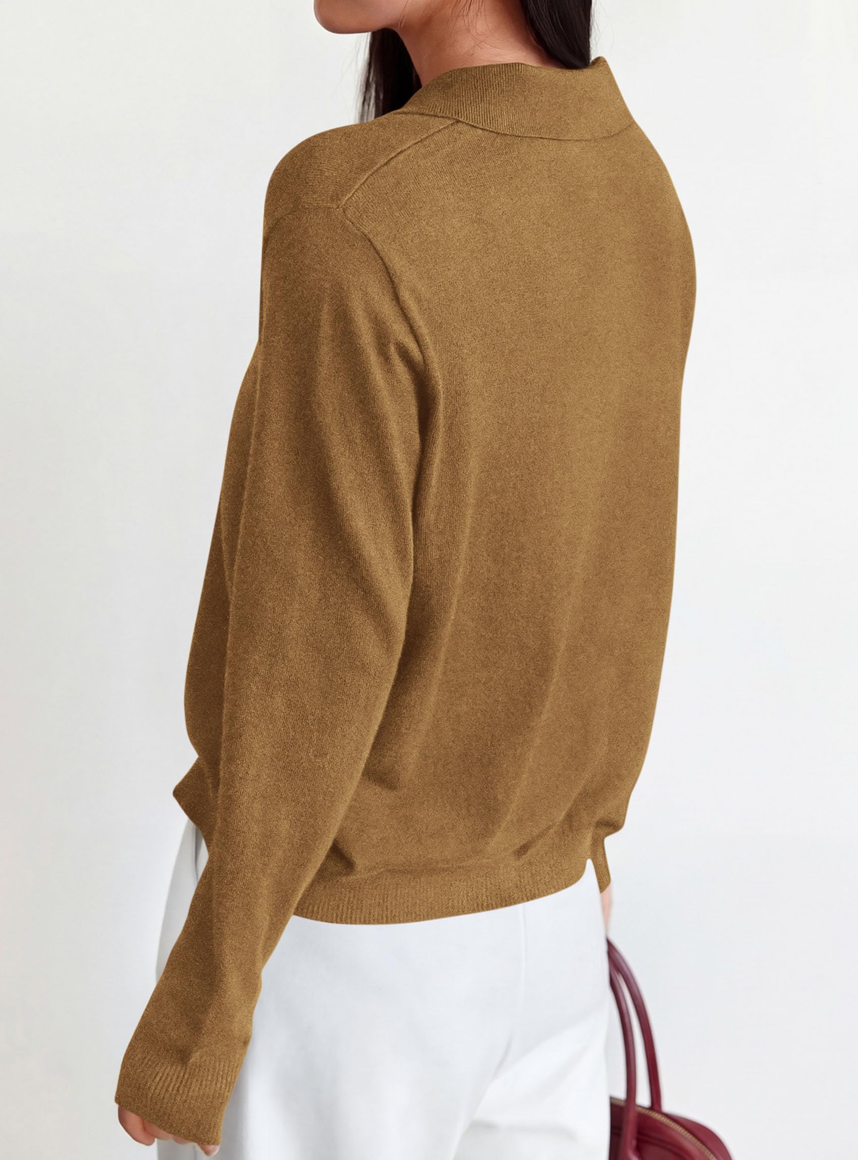 Womens Long Sleeve Collared Polo Sweater,Khaki,S