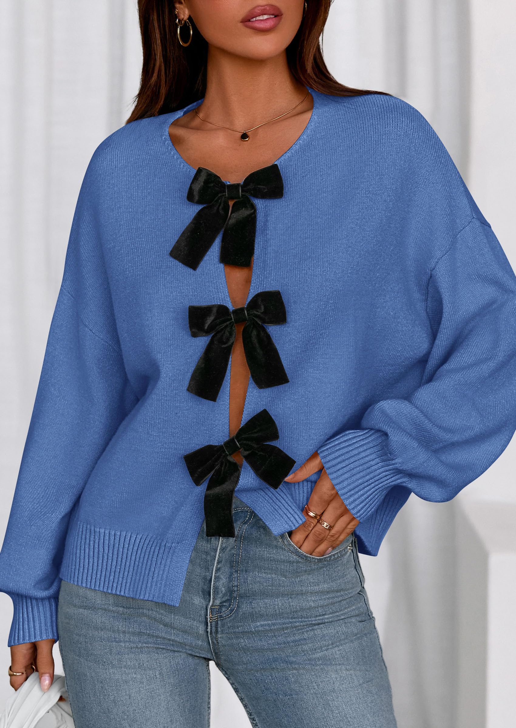 Women's Fall Bow Tie Front Cardigan Sweaters,Blue,S