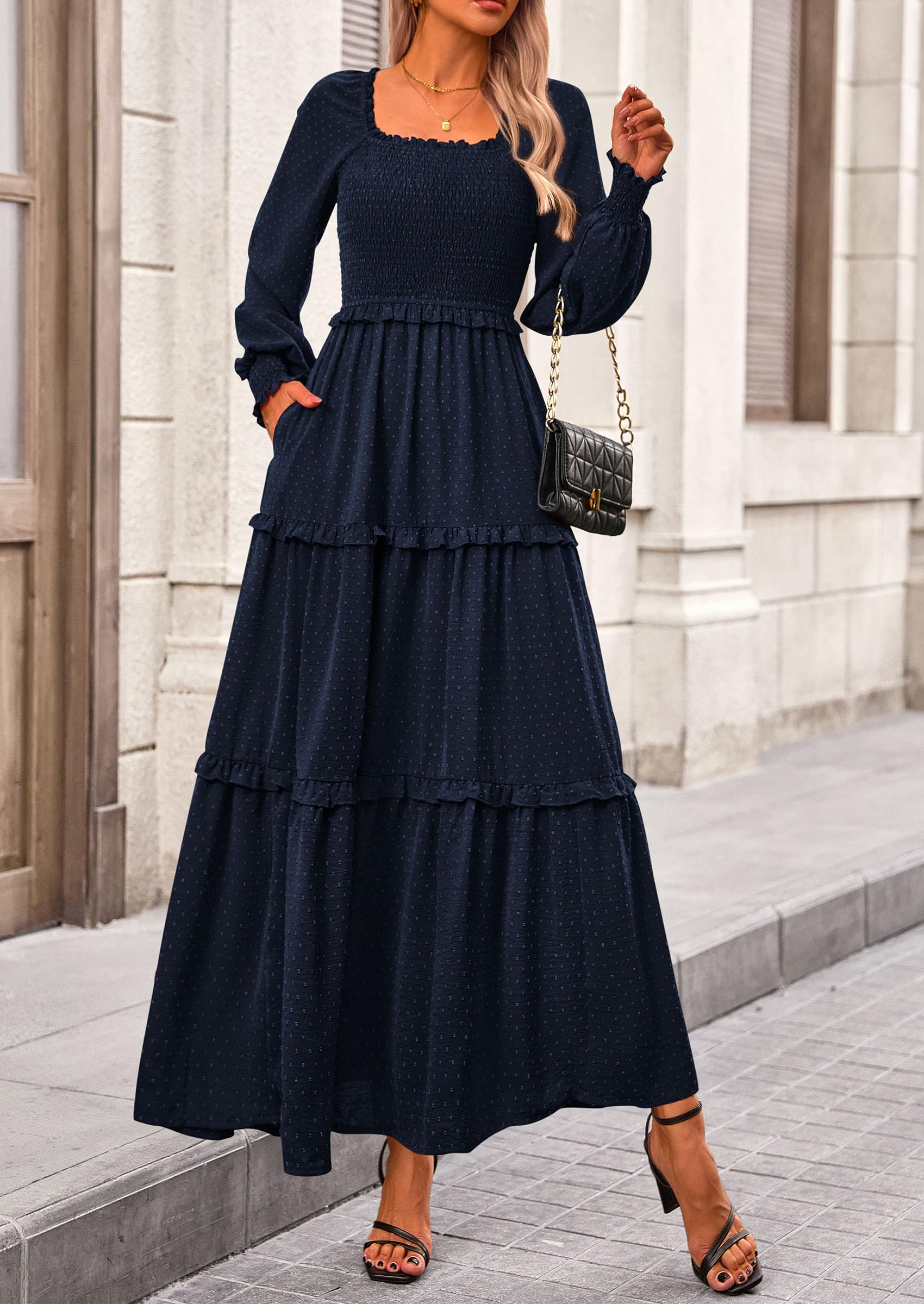 Women's Smocked Long Sleeve Maxi Dress Wedding Guest Dresses