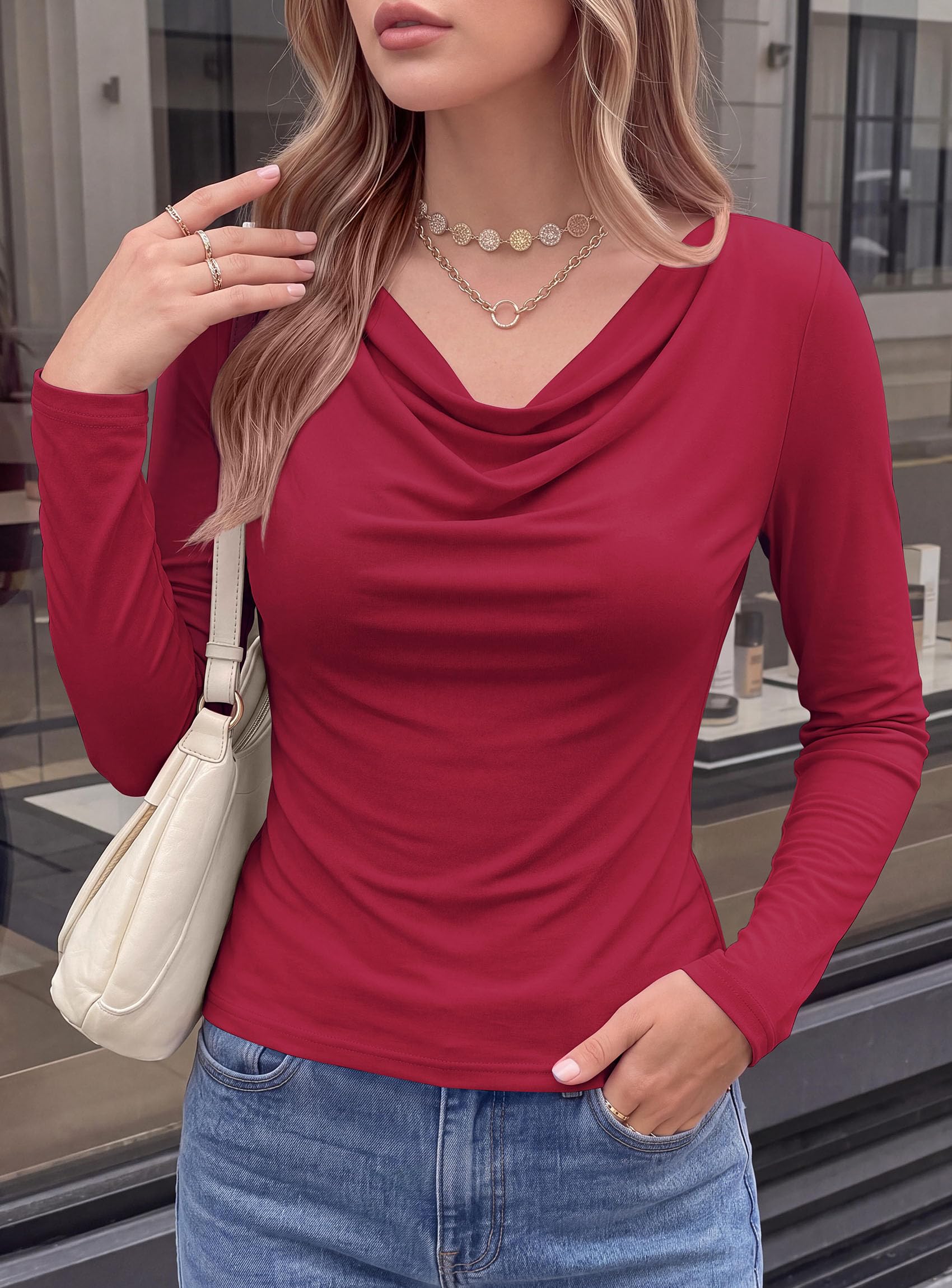 Cowl Neck Tops for Women Fashion Long Sleeve Shirt Burgundy