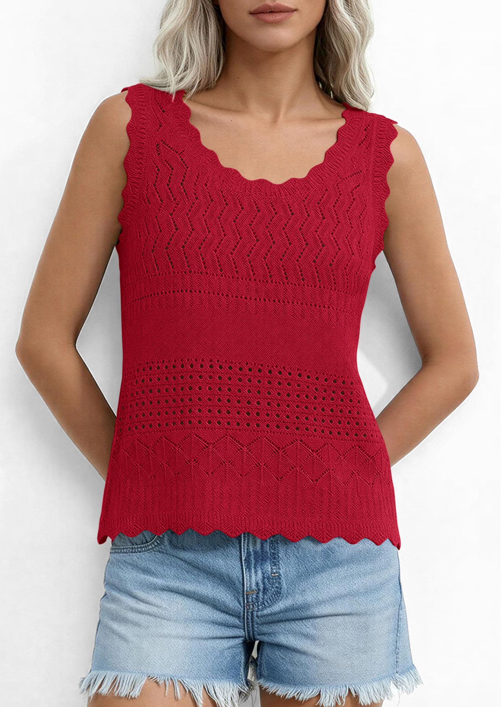 Womens Crochet Tank Tops Knit Sleeveless Vest,Red,S